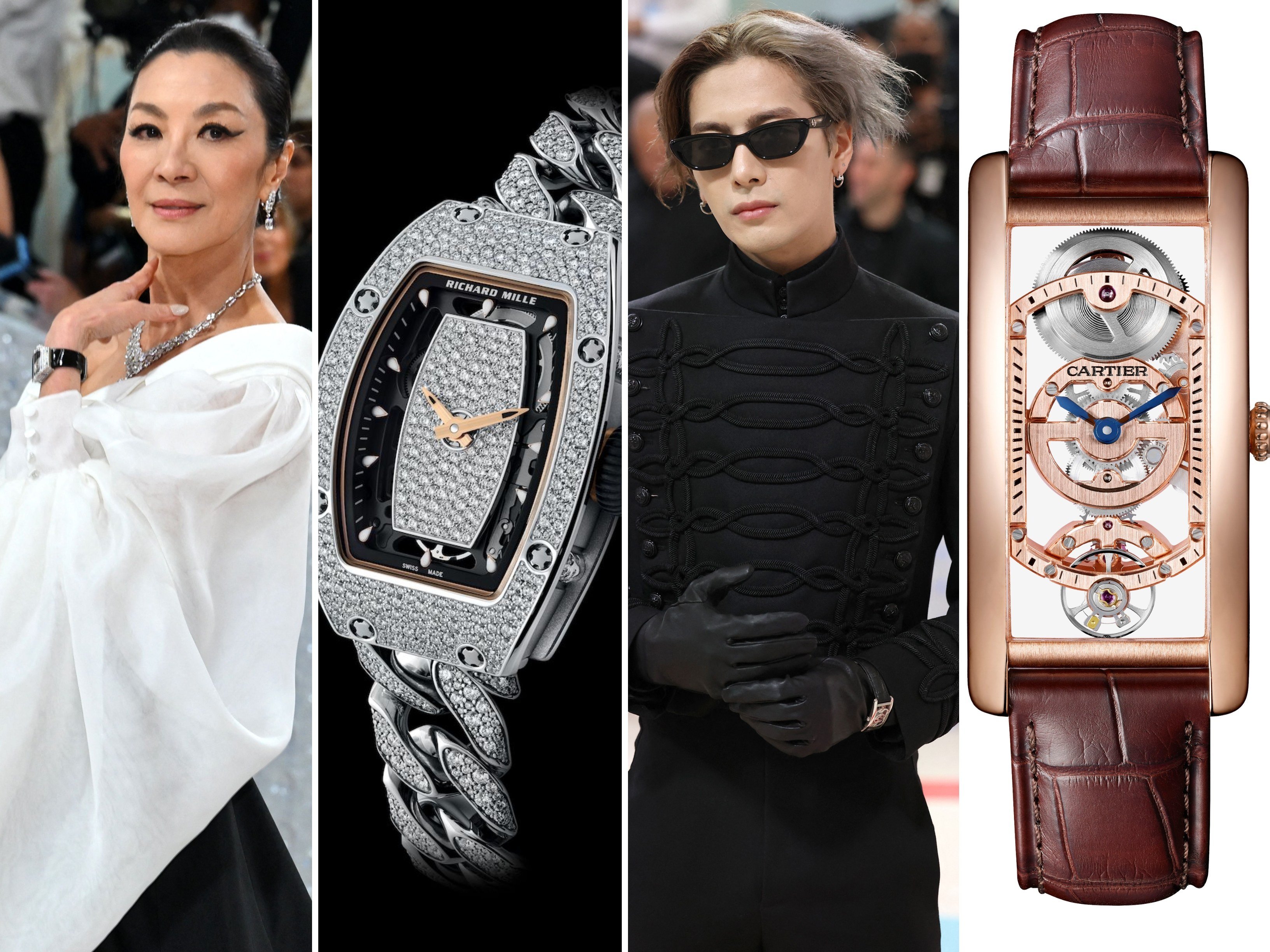 Asian stars’ wrists glittered at the Met Gala 2023, from Michelle Yeoh’s diamond-encrusted Richard Mille, to Jackson Wang’s skeletonised Cartier Tank. Photos: Cartier, Richard Mille, Reuters, EPA