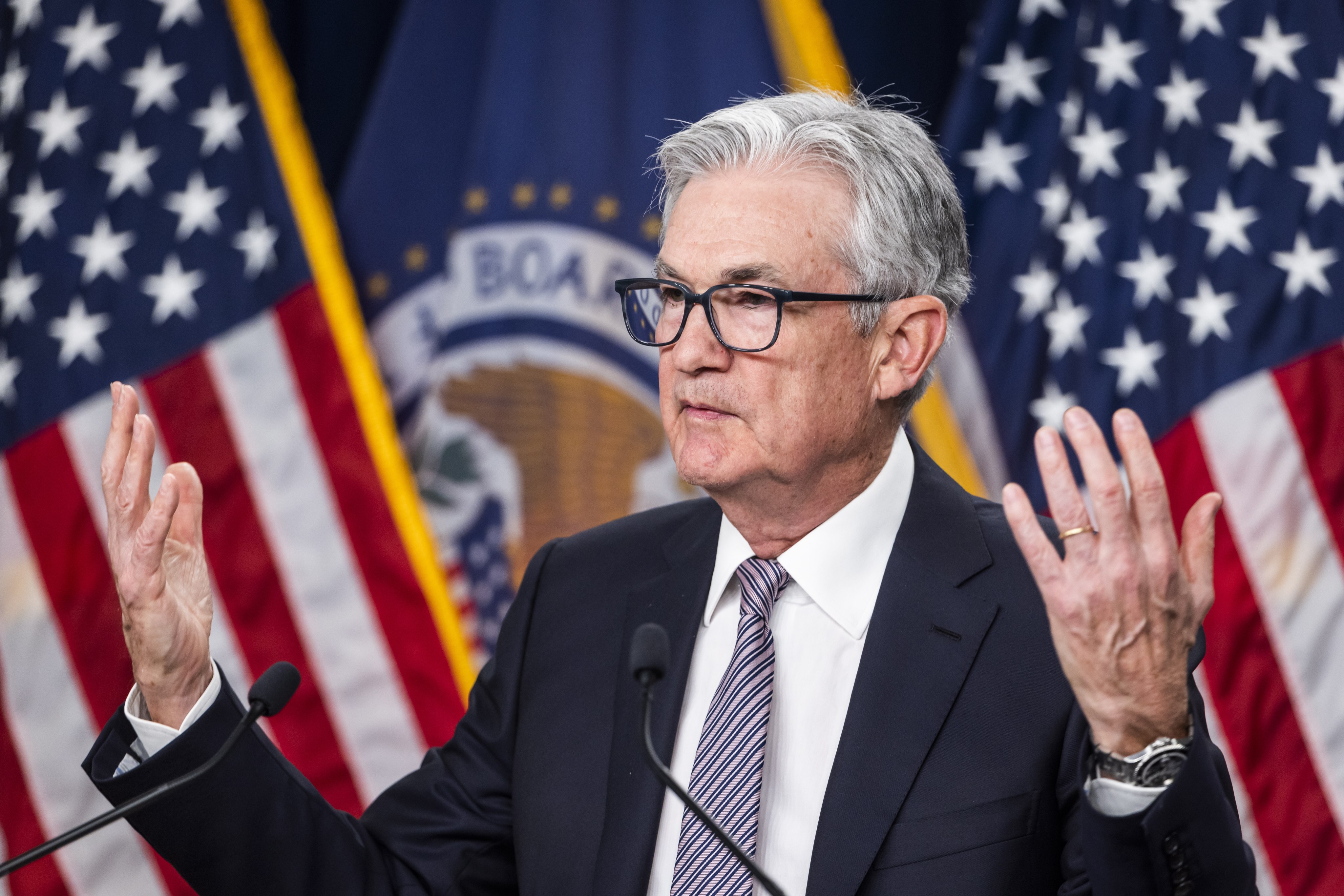 US Federal Reserve Board Chairman Jerome Powell holds a news conference in Washington on Wednesday. Photo: EPA-EFE