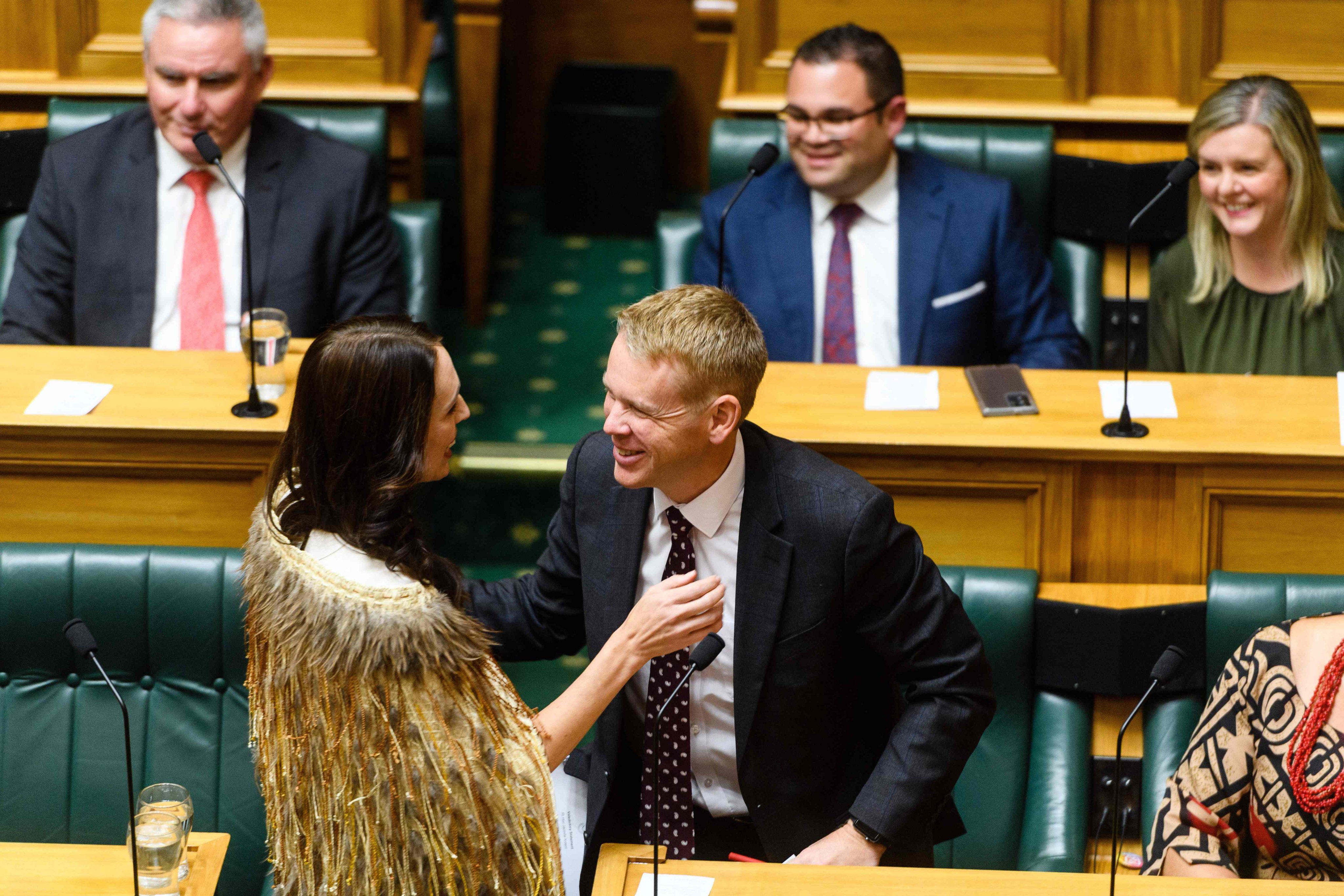 Outgoing New Zealand prime minister Jacinda Ardern (left) with her successor Chris Hipkins during her valedictory speech in parliament in Wellington on April 5. Photo: AFP