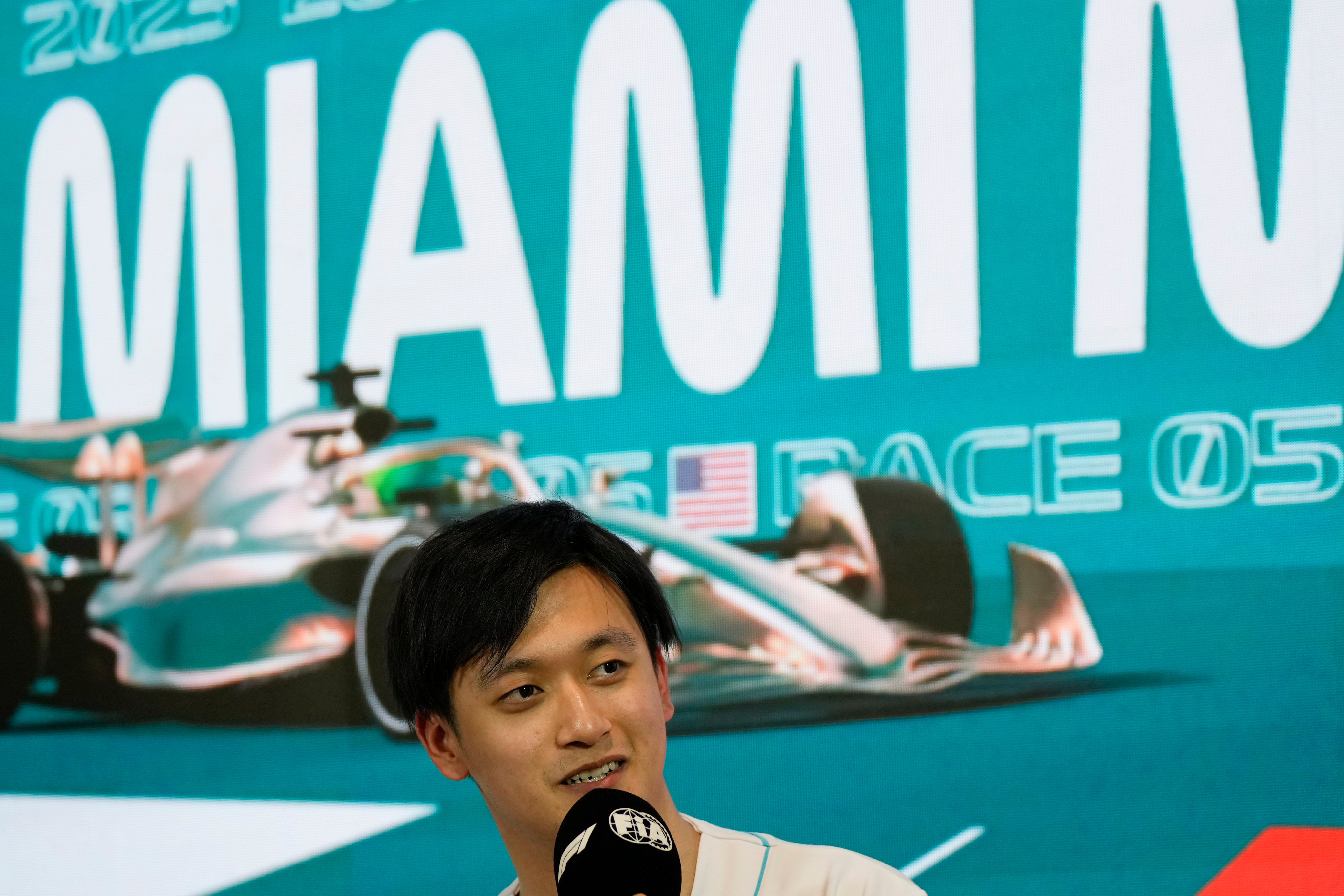Alfa Romeo driver Zhou Guanyu speaks during a press conference ahead of this weekend’s Miami Grand Prix. Photo: AP