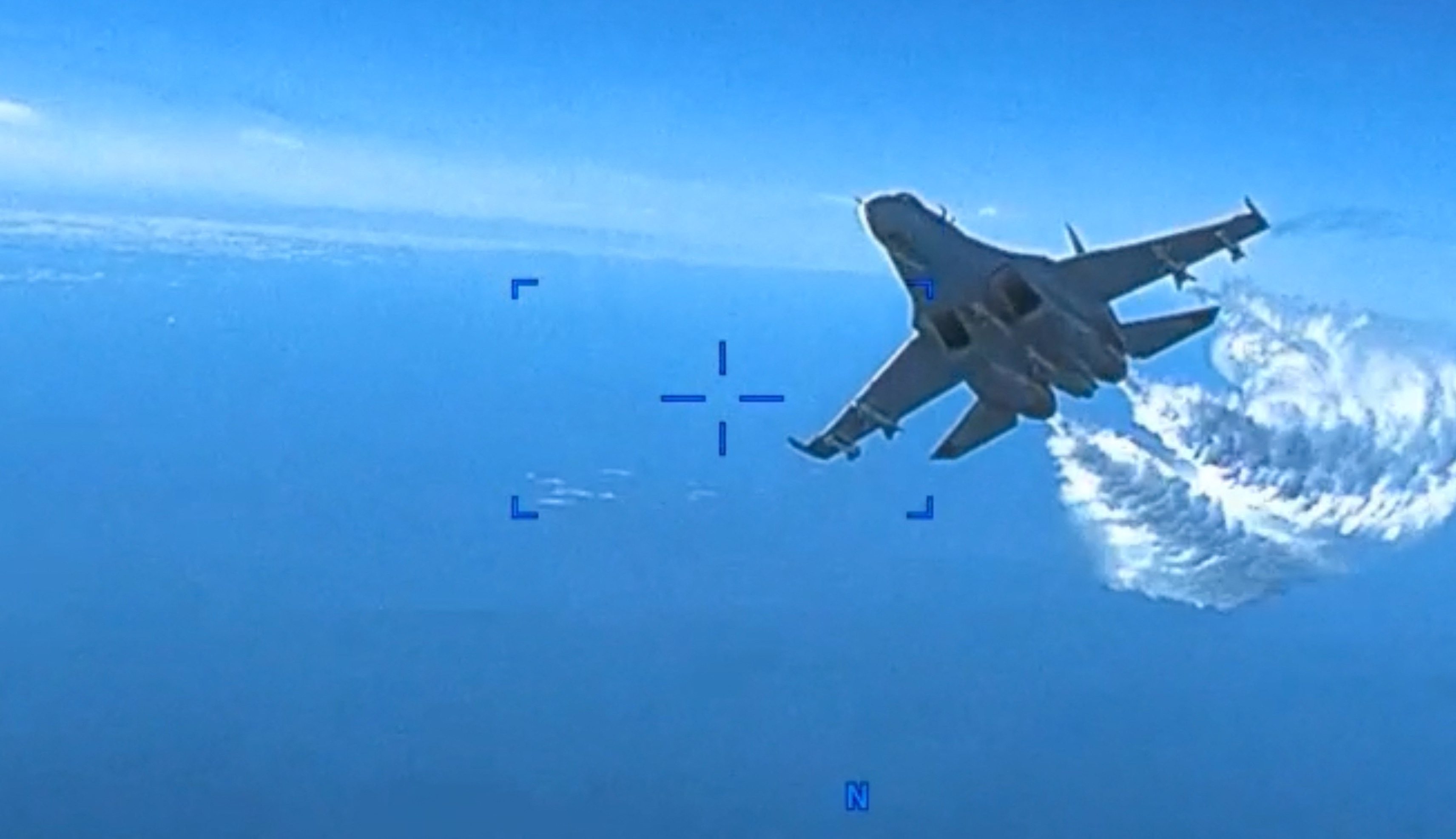 The US military’s European Command released video footage of the mid-air encounter between a US surveillance drone and a Russian fighter jet over the Black Sea in March. Photo: TNS