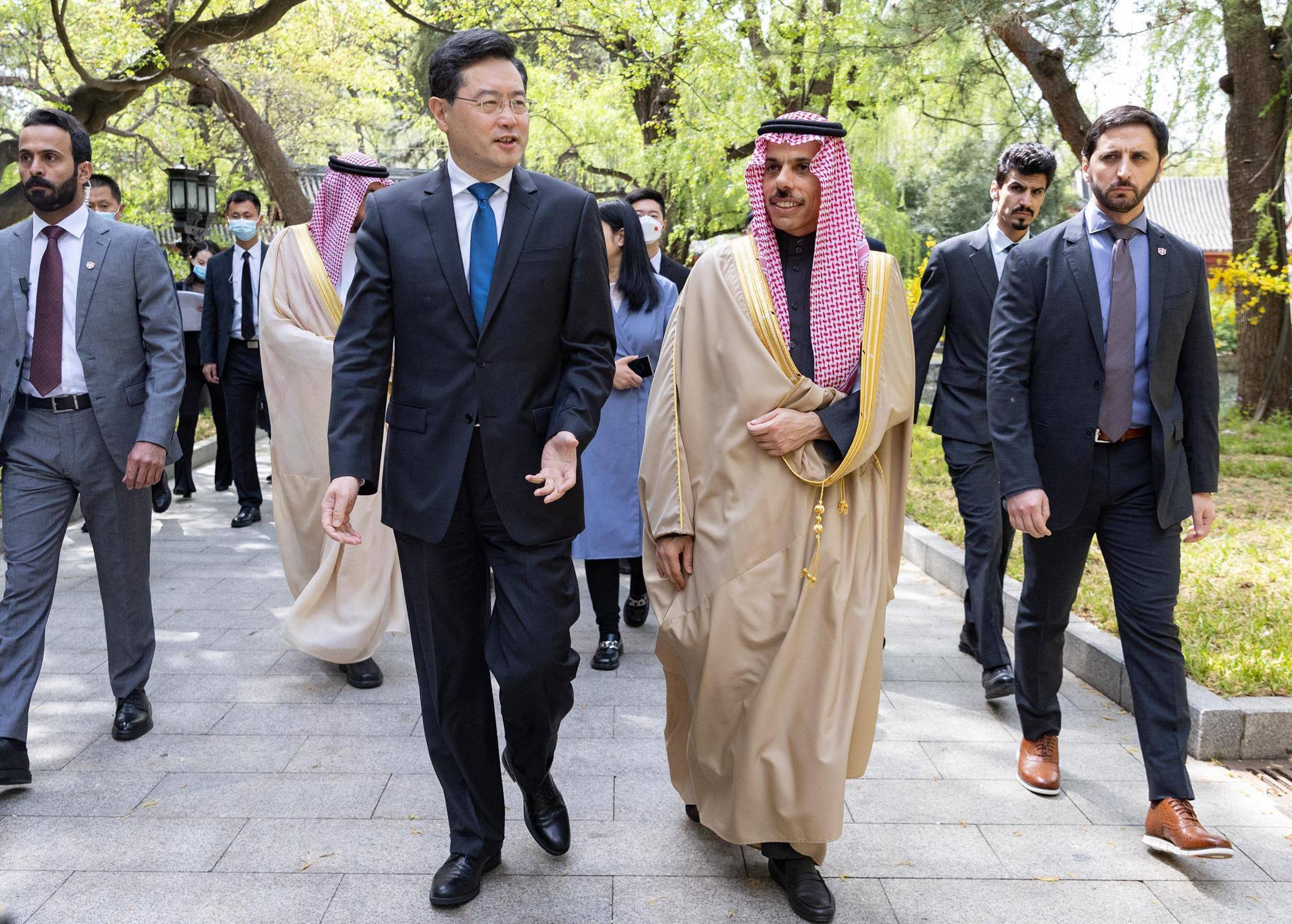 Saudi Foreign Affairs Minister Prince Faisal bin Farhan (second right) walks alongside Chinese Foreign Minister Qin Gang (second left) in Beijing on April 6. China’s role in brokering normalised relations between Saudi Arabia and Iran has bolstered its standing in the Middle East. Photo: AFP