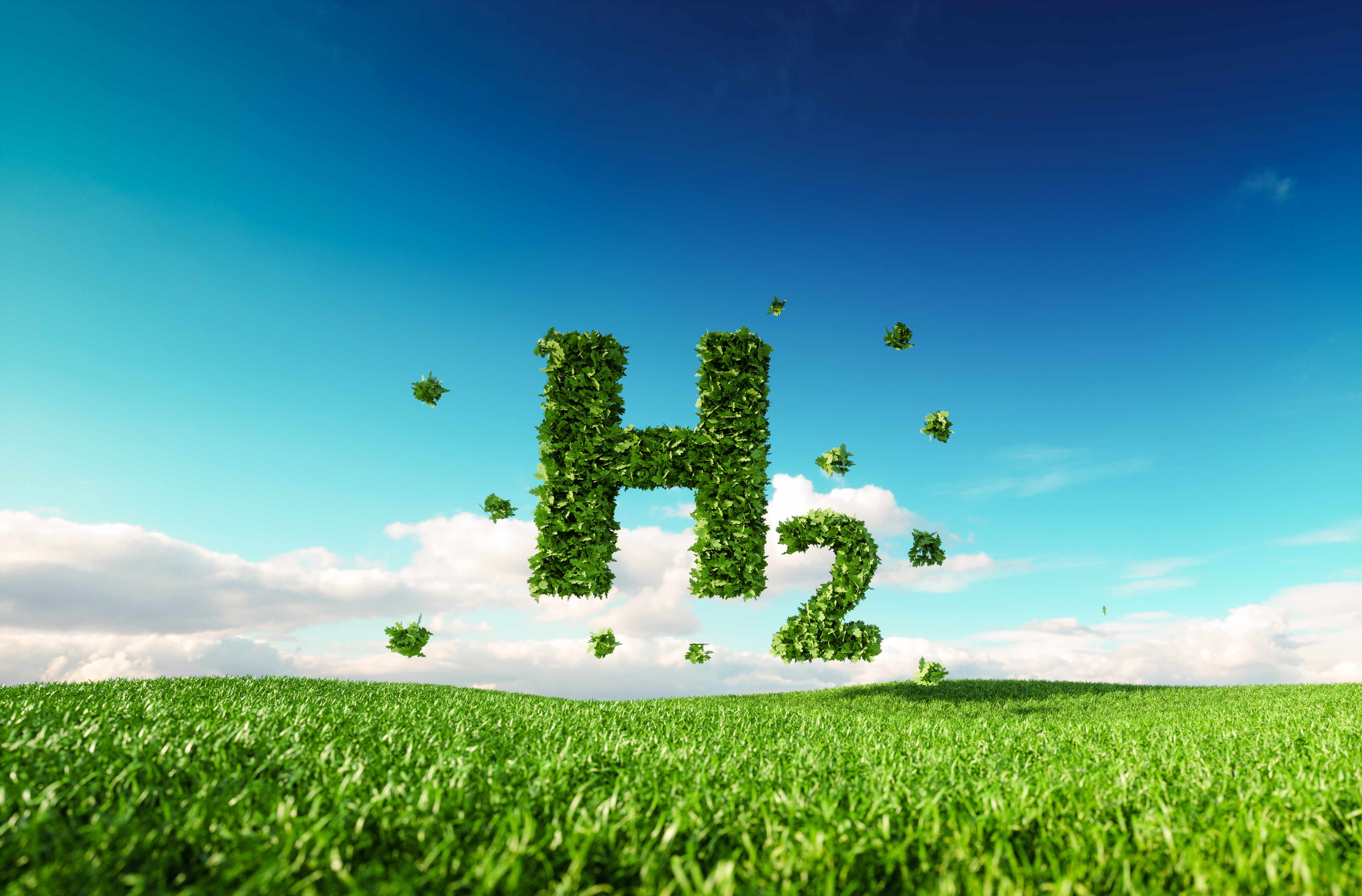 Eco friendly clean hydrogen energy concept. 3d rendering of hydrogen icon on fresh spring meadow with blue sky in background. Photo: Shutterstock
Royalty-free stock illustration ID: 1092687374