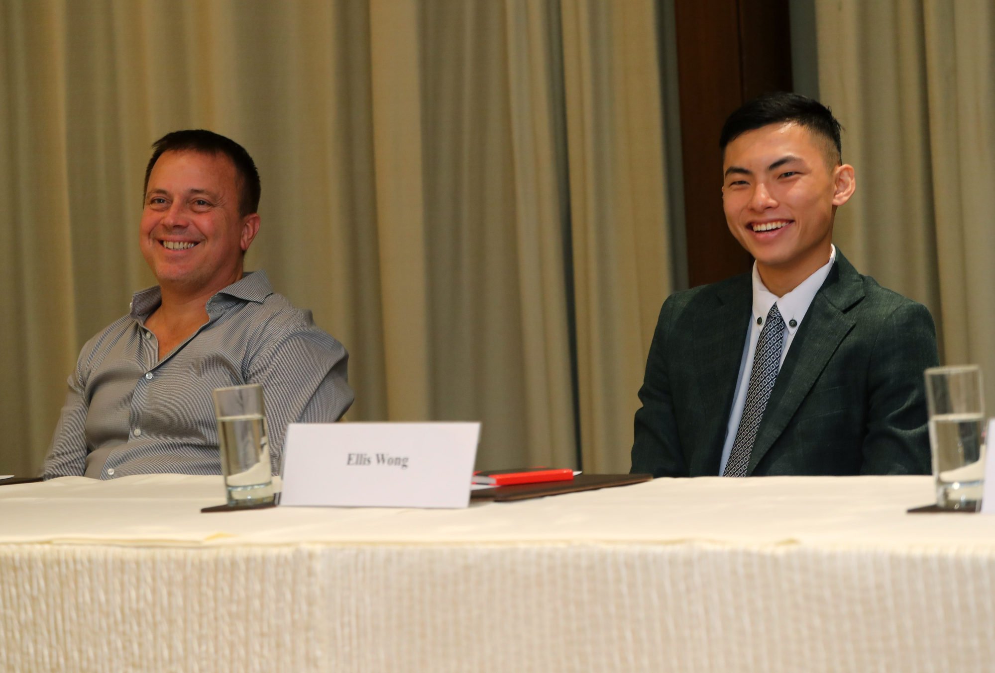 Trainer Caspar Fownes and new jockey Ellis Wong at Sha Tin on Friday morning. Trainer Caspar Fownes and new jockey Ellis Wong at Sha Tin on Friday morning.