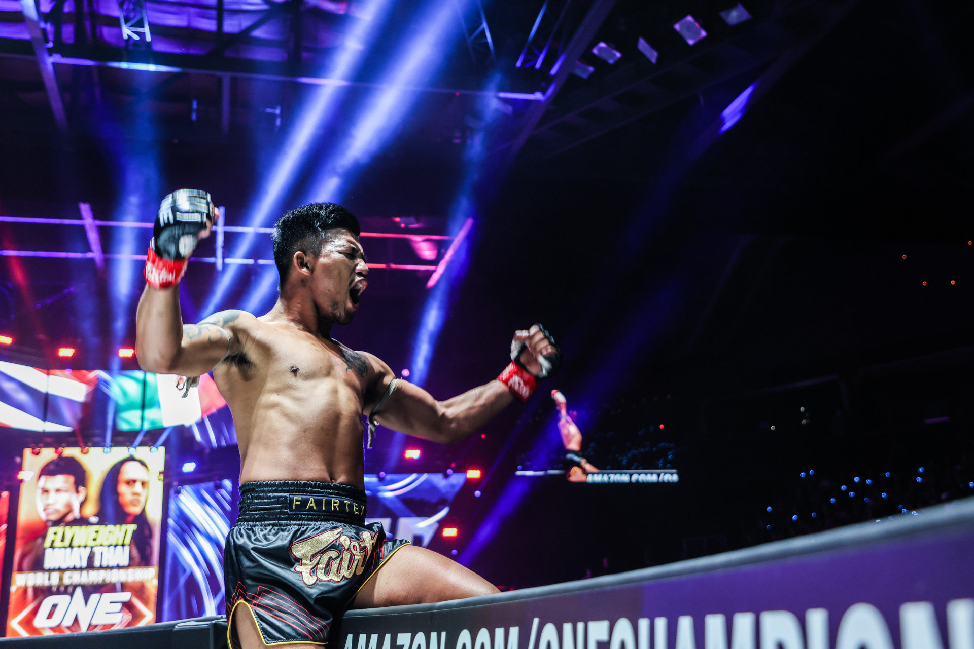 Rodtang Jitmuangnon celebrates on top of the cage after knocking out Edgar Tabares. Photos: ONE Championship