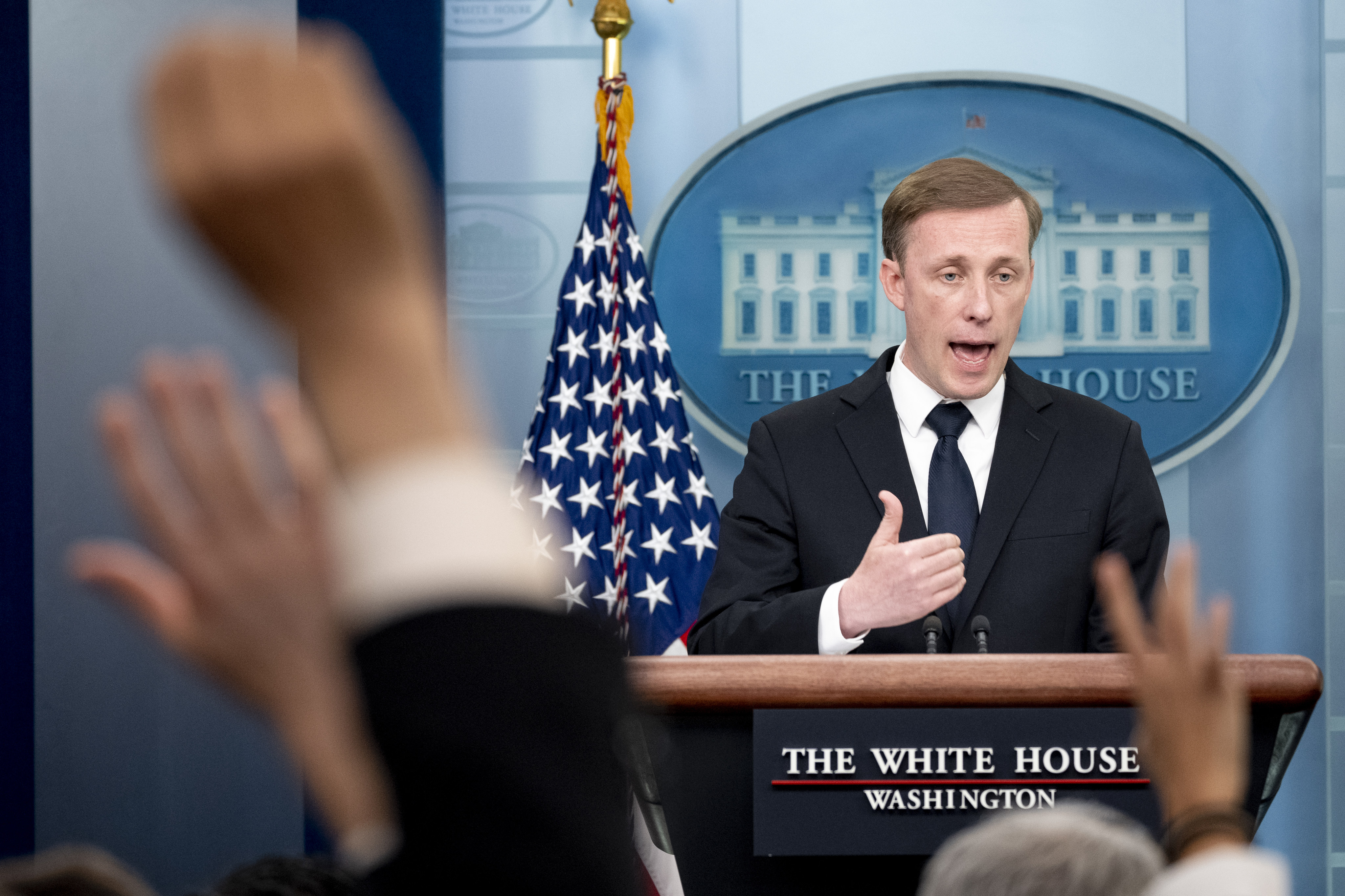 US National Security Adviser Jake Sullivan speaks at a press briefing at the White House in Washington on April 24. Sullivan has denied that Washington is imposing a technological blockade on China; instead, he says Washington is targeting “a narrow slice” of advanced technologies. Photo: AP 
