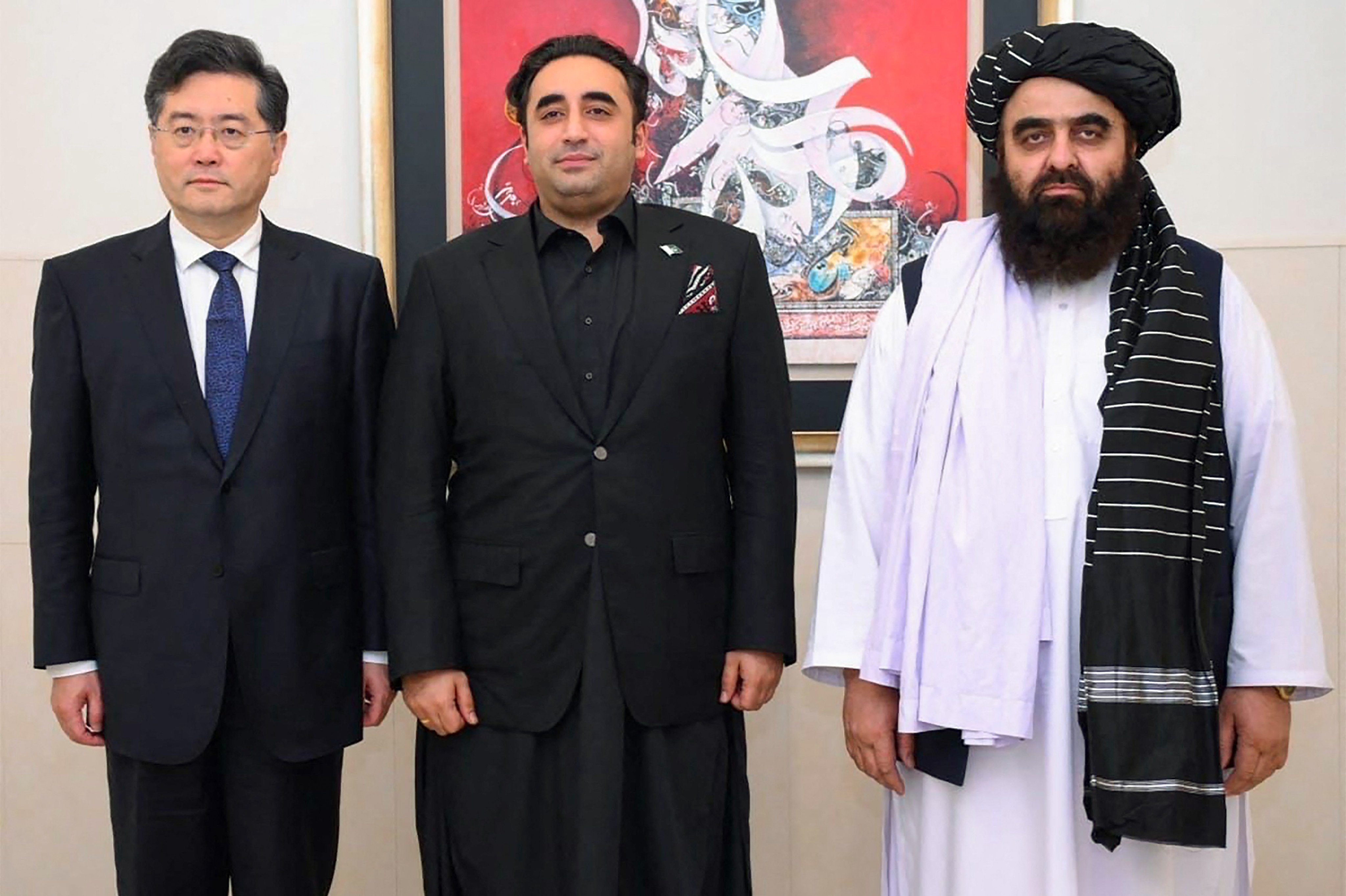 Chinese Foreign Minister Qin Gang with Pakistan’s  Bilawal Bhutto Zardari (centre) and Afghanistan’s Amir Khan Muttaqi  in Pakistani capital Islamabad. Photo: AFP