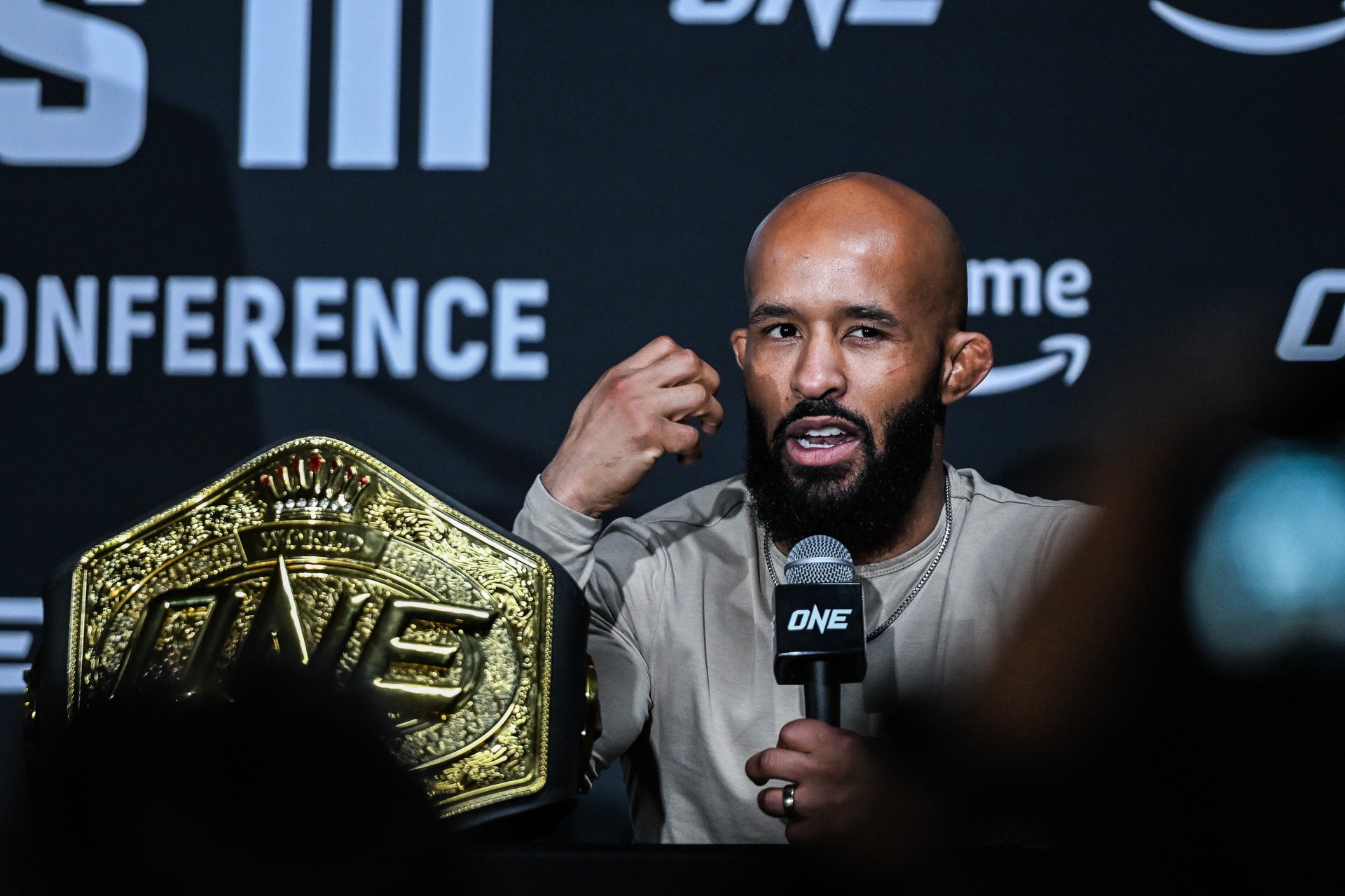 Demetrious Johnson speaks at the ONE Fight Night 10 post fight press conference. Photos: ONE Championship