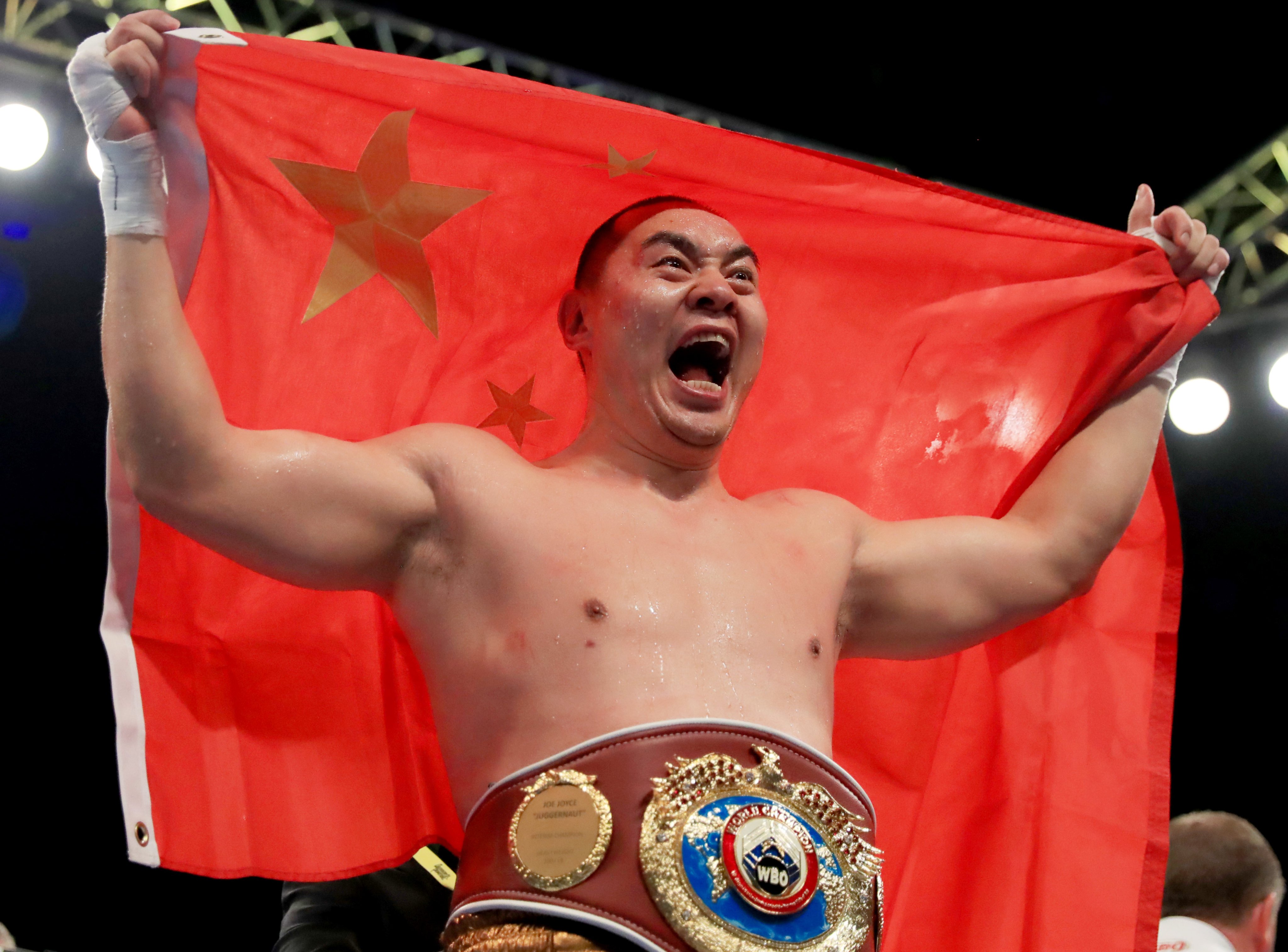 Zhang Zhilei celebrates after his victory over Joe Joyce in London in April. Photo: Xinhua