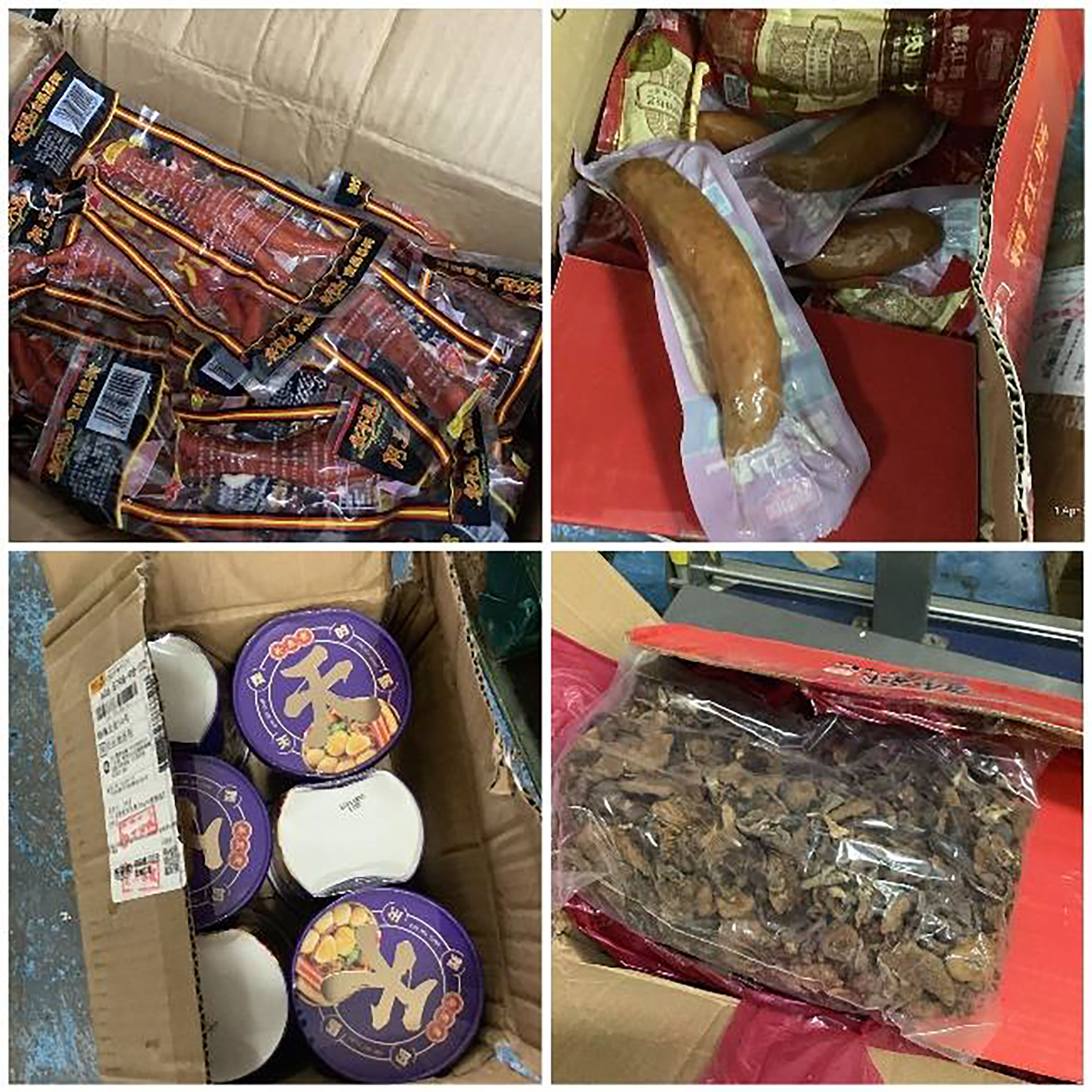 Illegally imported meat (top) and processed food (bottom) products seized by SFA. Photo: Singapore Food Agency
