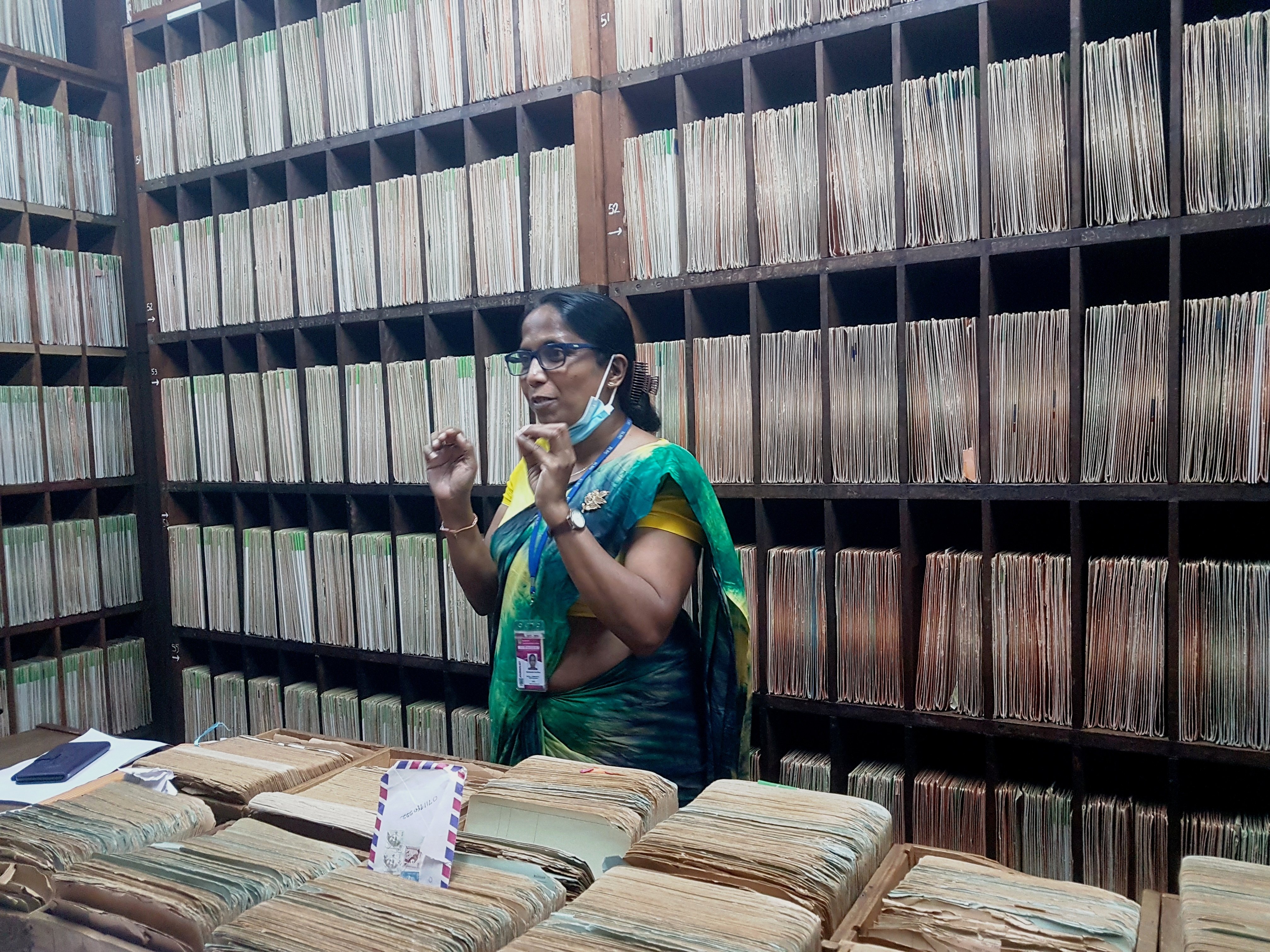 Subhashini De Silva explaining about the gramophone records stored at the disc and tape library of Sri Lanka Broadcasting Corporation. Photo: Khursheed Dinshaw