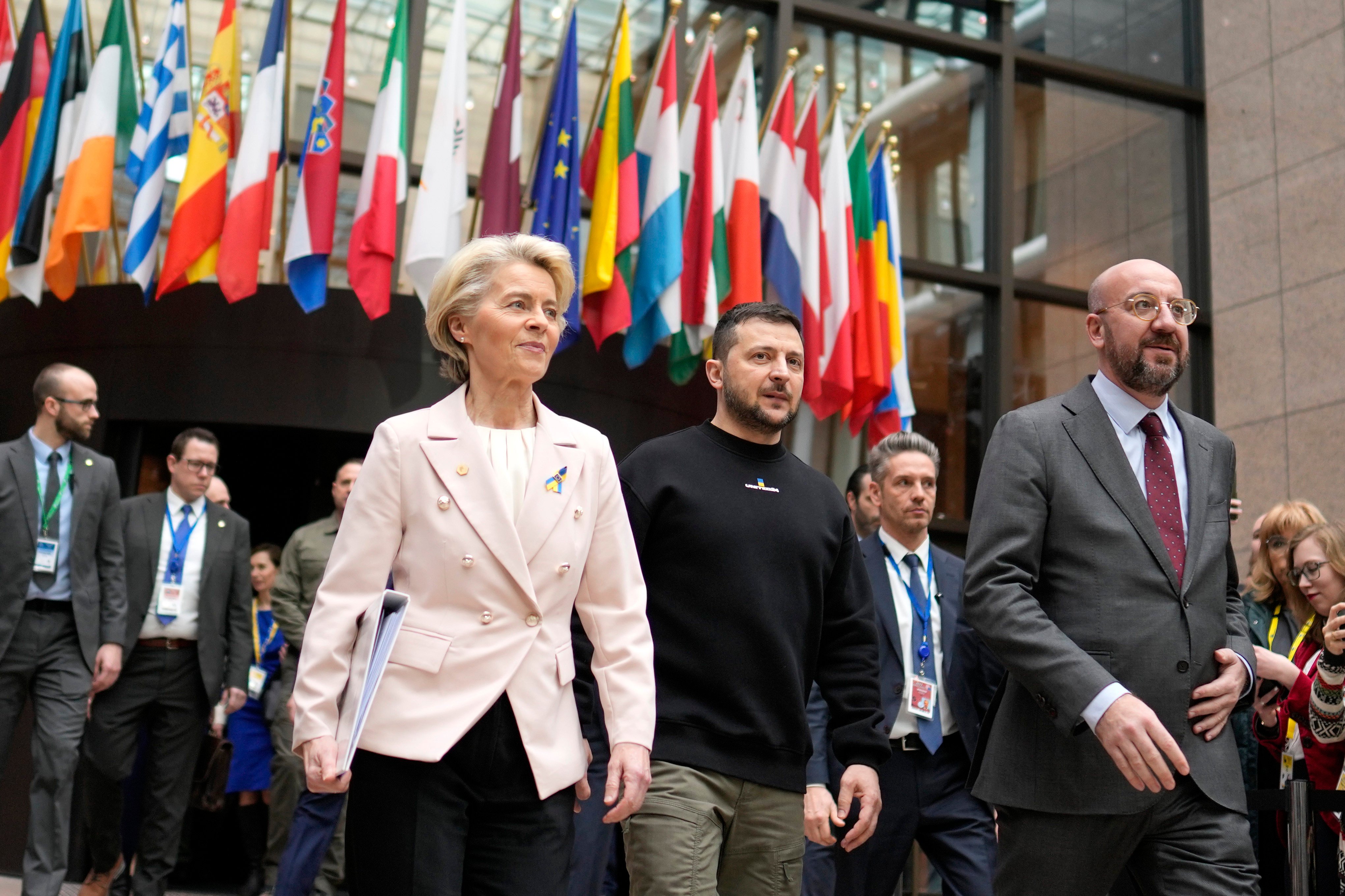 European Commission President Ursula von der Leyen, Ukraine’s President Volodymyr Zelenskyy and European Council President Charles Michel walk together during an EU summit in Brussels on February 9. The EU and Nato should seek a diplomatic solution to the Ukraine war, rather than Russia’s defeat. Photo: AP