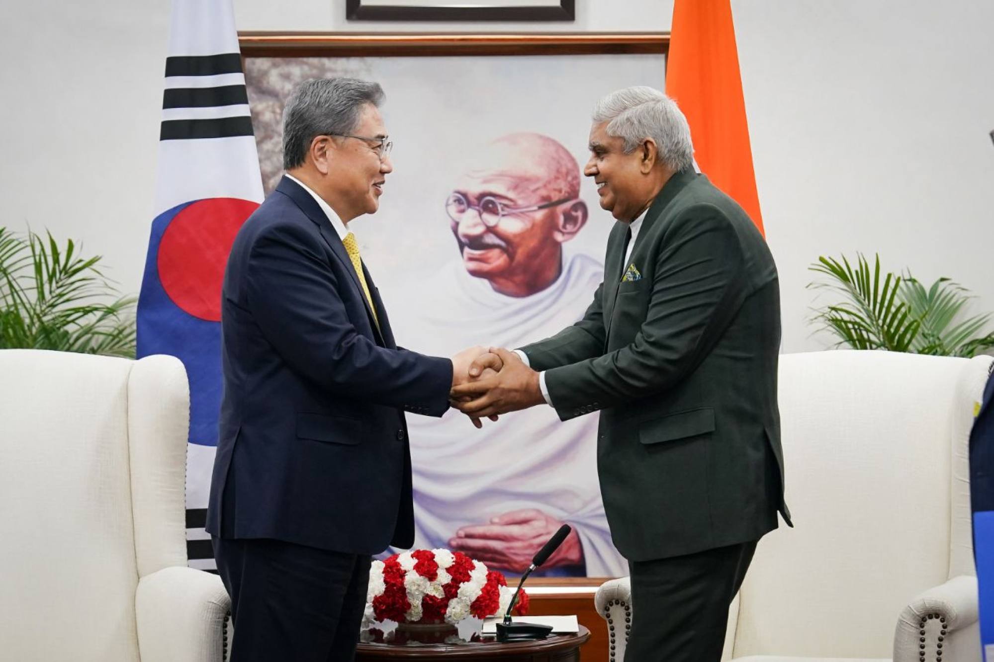 South Korean Foreign Minister Park Jin (left) shakes hands with Indian Vice-President Jagdeep Dhankhar during their meeting in New Delhi on April 7. Photo: DPA