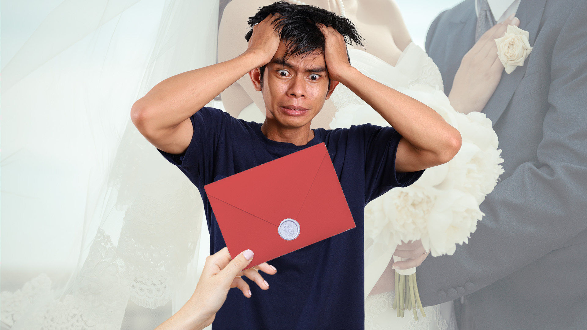 A surprise “red bomb” wedding invitation from a workmate prompted a Hong Kong man to seek online advice on whether to accept or decline it, sparking a flood of responses. Photo: SCMP composite