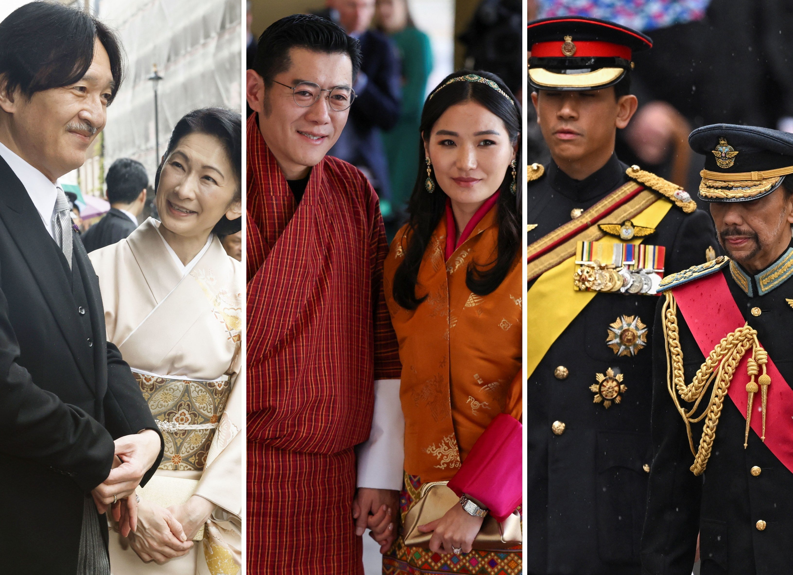Crown Prince Akishino of Japan and Crown Princess Kiko; Bhutan’s King Jigme Khesar Namgyel Wangchuck and Queen Jetsun Pema; and Brunei’s head of state, Sultan Hassanal Bolkiah and Prince Abdul Mateen arrive at the coronation of King Charles and Queen Consort Camilla in London, Britain, on May 6. Photos: Kyodo, Reuters