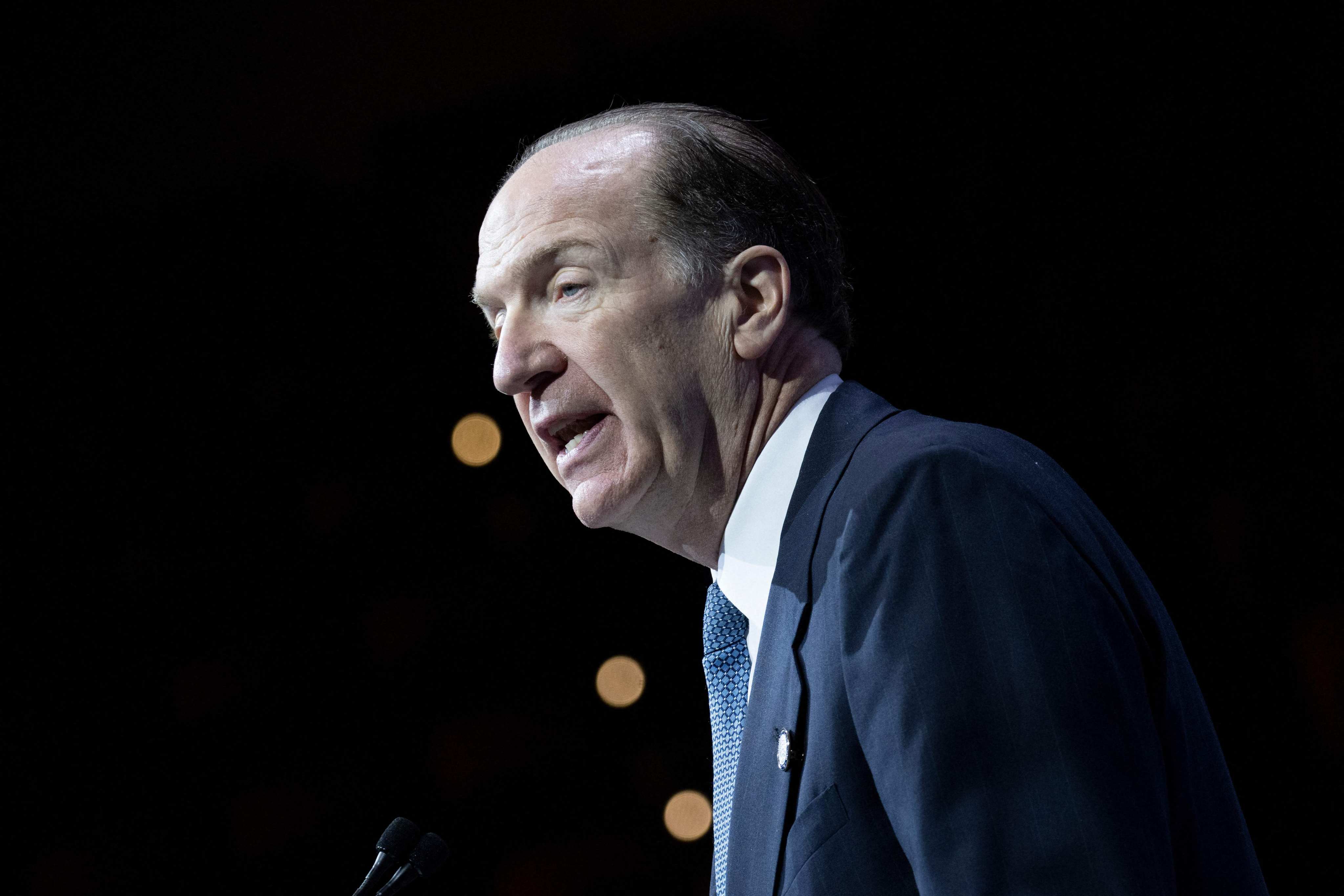 World Bank Group President David Malpass speaks during the annual meetings plenary of the IMF and the World Bank Group annual meeting at the IMF headquarters in Washington, DC. - World Bank chief David Malpass announced February 15, 2023 he would step down by the end of June from his position heading the development lender. Photo: AFP