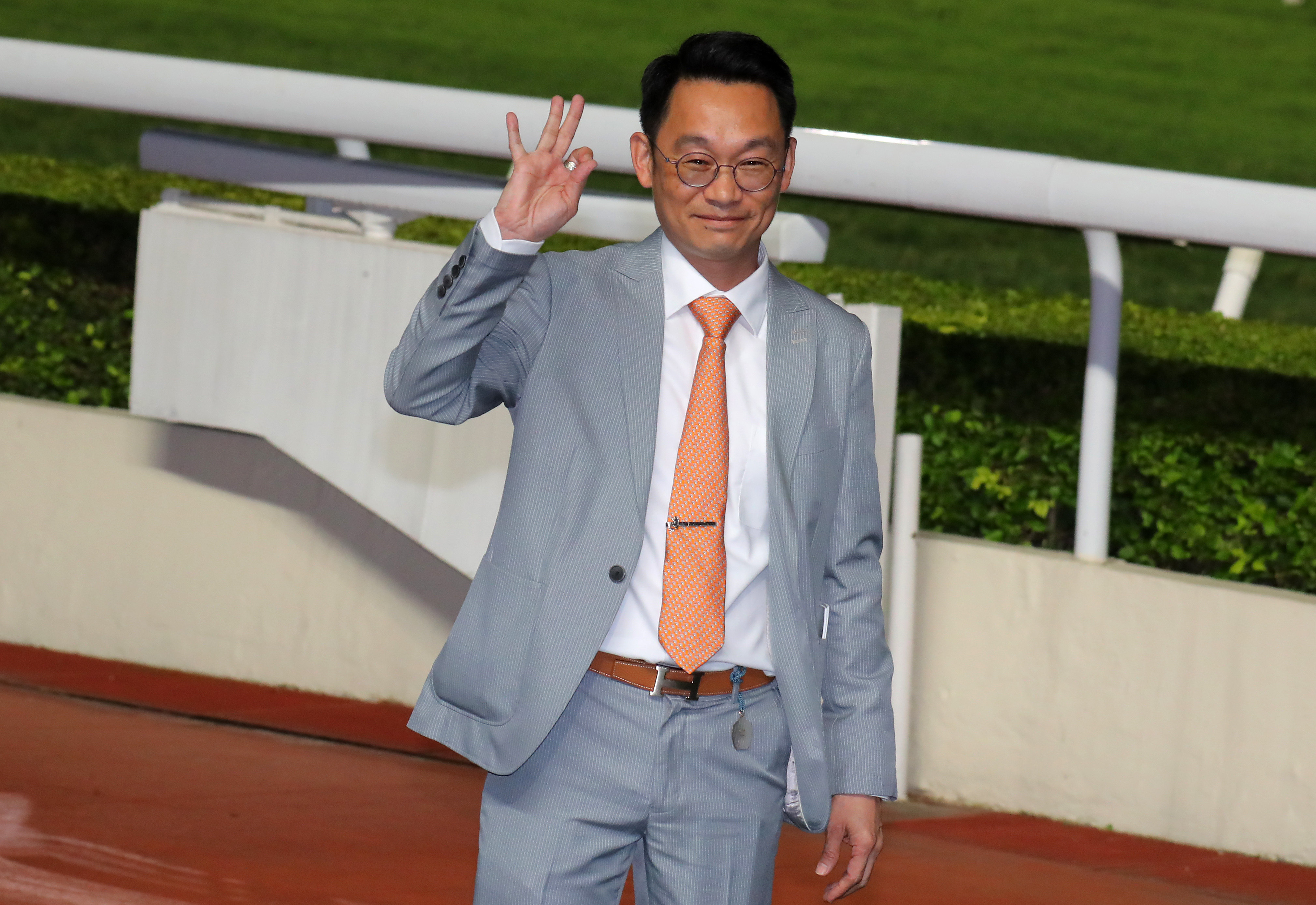 Trainer Jimmy Ting celebrates his treble at Sha Tin on Wednesday night. Photo: Kenneth Chan