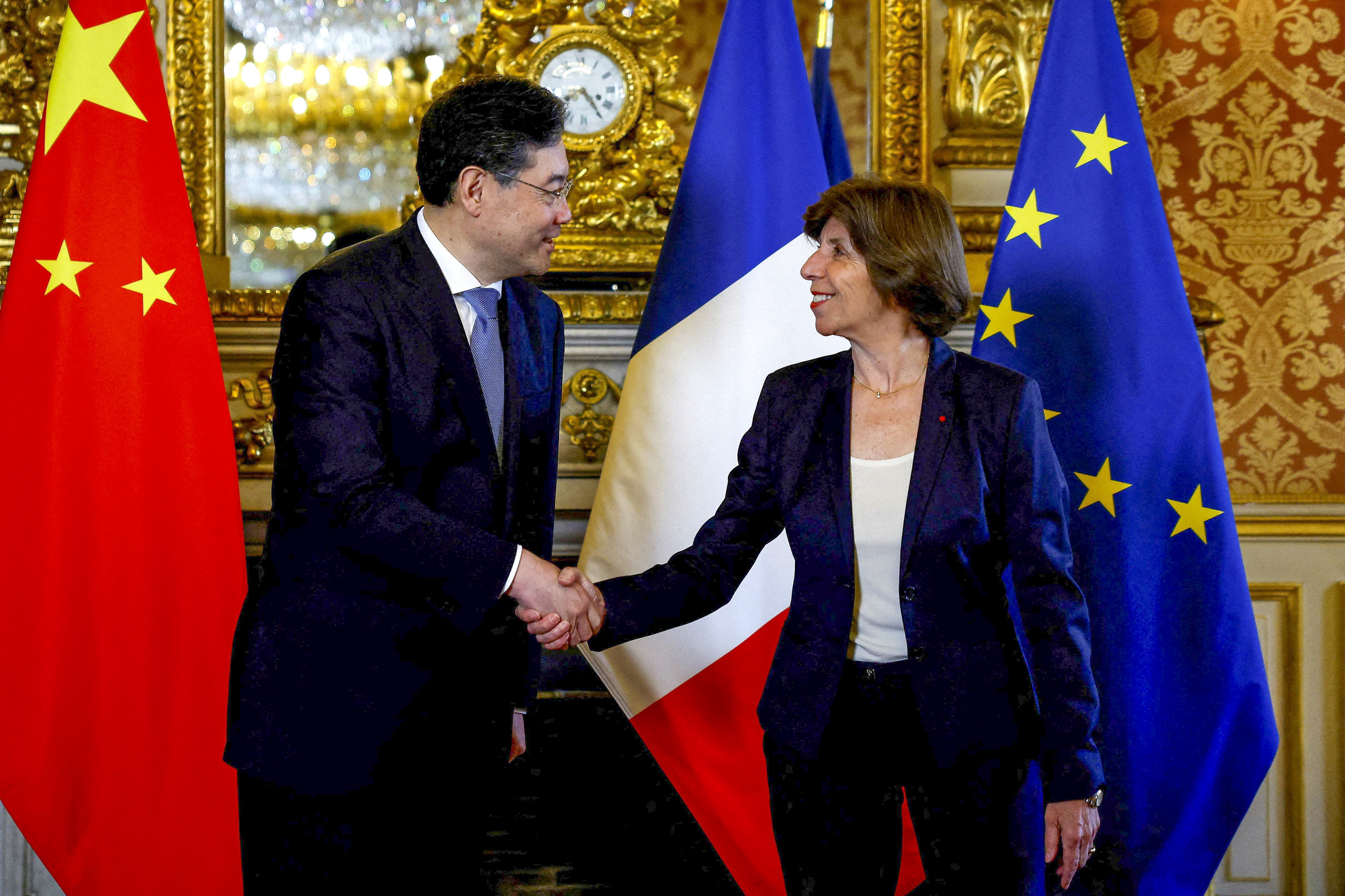 Chinese Foreign Minister Qin Gang meets his French counterpart Catherine Colonna in Paris on Wednesday. Photo: AFP