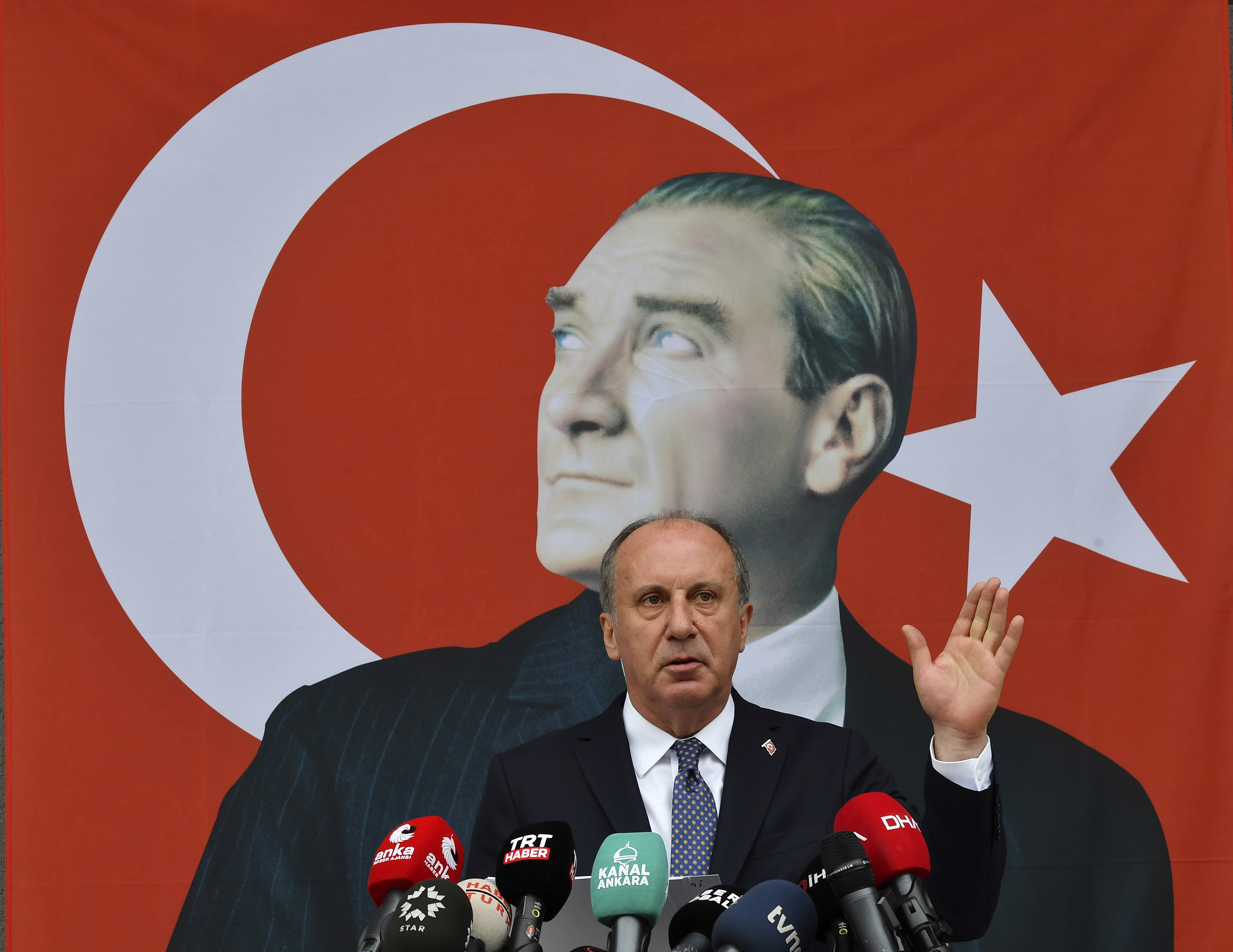 Muharrem Ince announces his resignation from Turkey’s main opposition party, CHP, next to a poster of modern Turkey’s founder, Mustafa Kemal Ataturk. Photo: AP