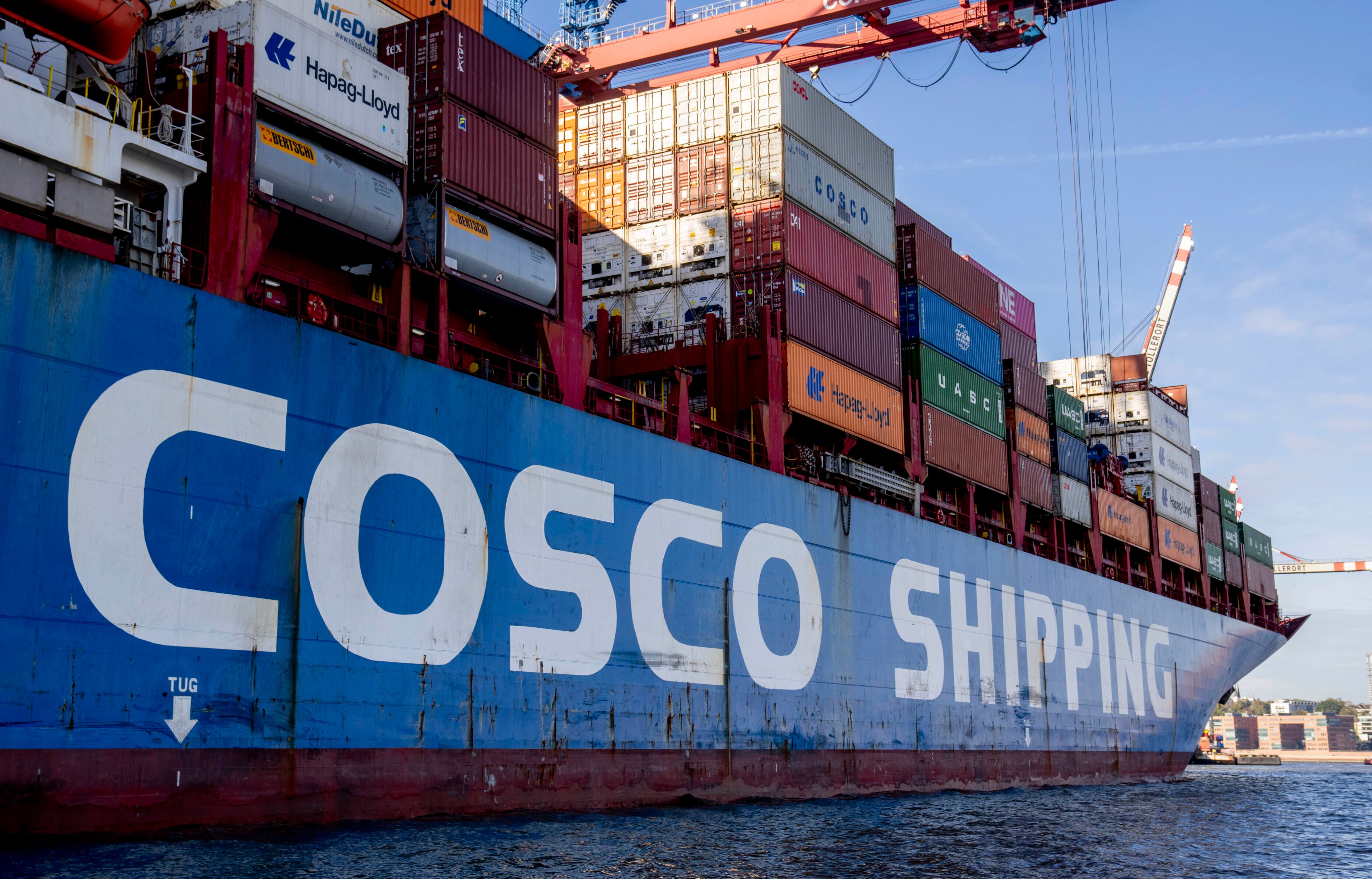 A Cosco container ship is seen in the harbour in Hamburg, Germany in October 2022. Photo: AP