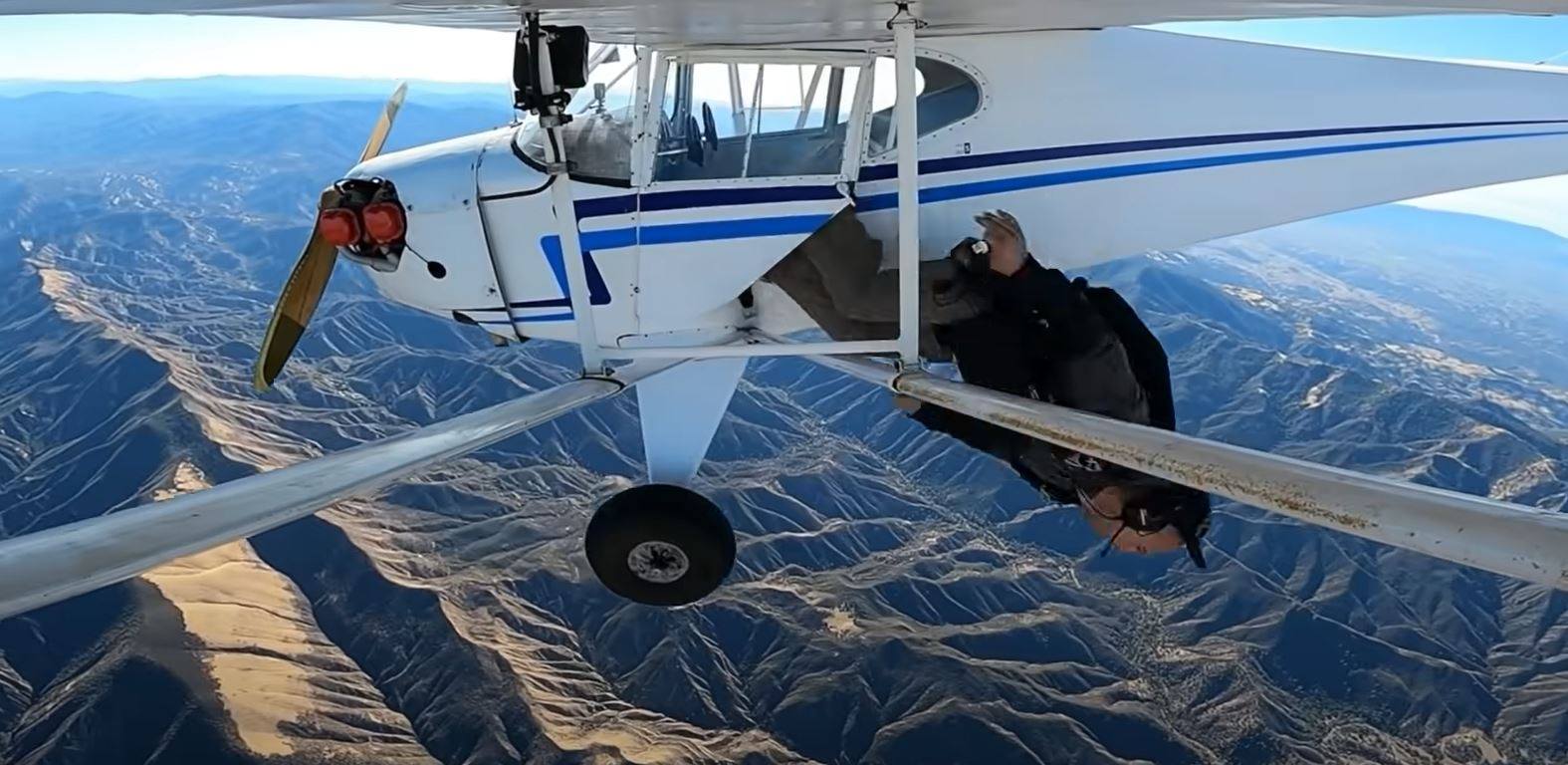 Trevor Jacob’s jump and the aircraft’s plunge were recorded by cameras mounted on the plane’s wing and tail and by the camera he carried.  Photo: YouTube / TrevorJacob 