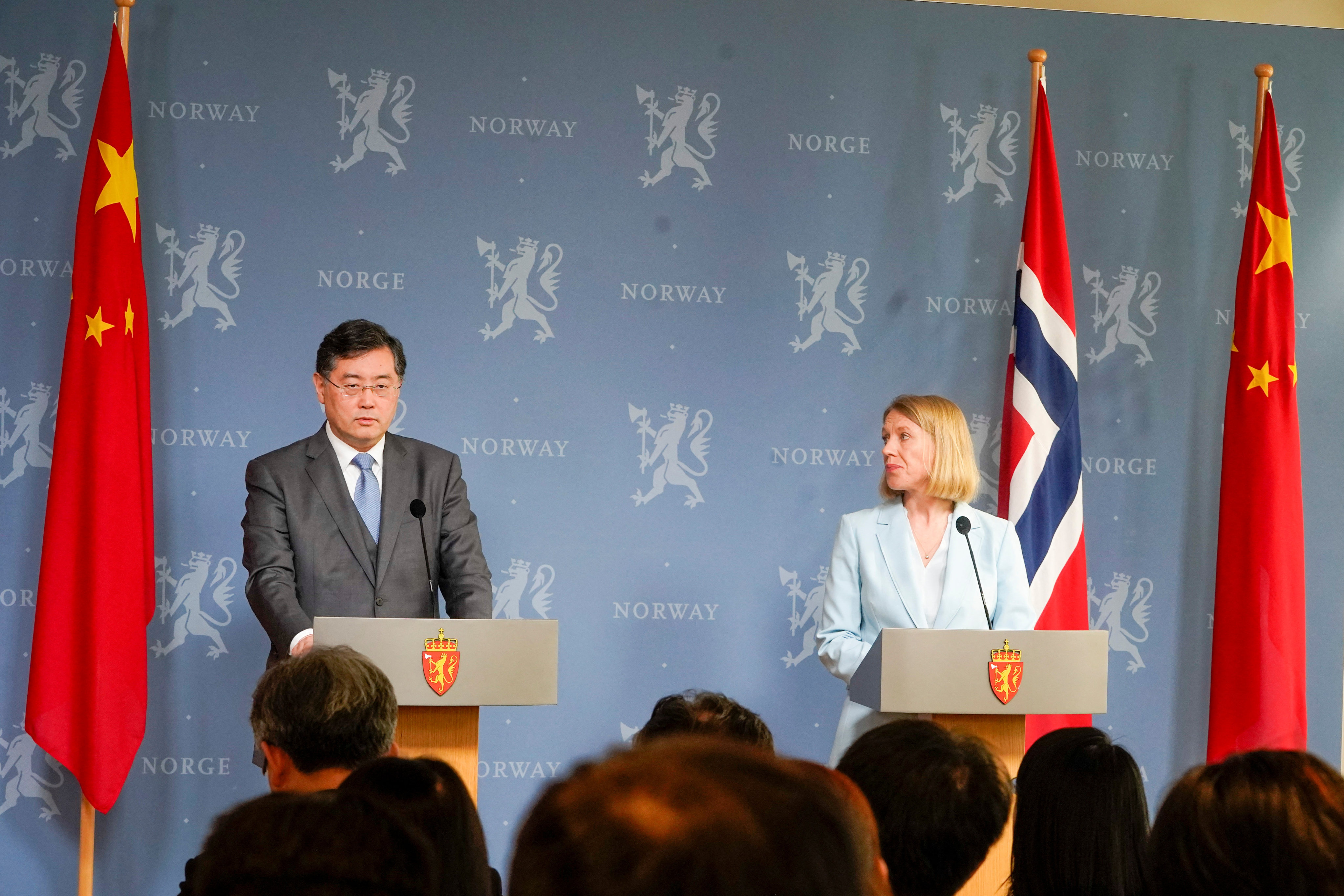 Chinese Foreign Minister Qin Gang  addresses a press conference with Norwegian counterpart Anniken Huitfeldt in Oslo. Photo: Reuters 
