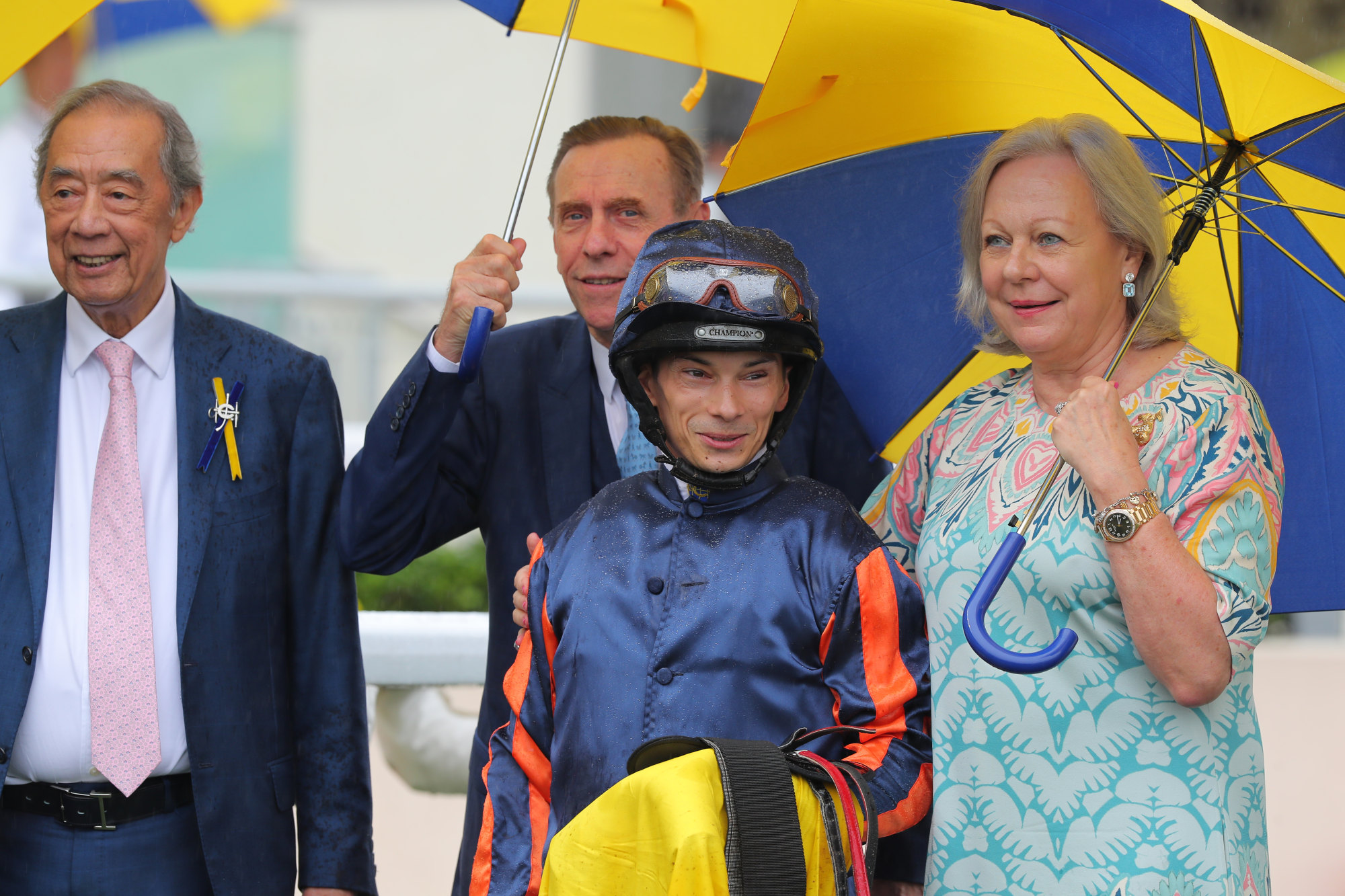 Trainer John Size and jockey Alexis Badel celebrate Red Lion’s Class One Hong Kong Macau Trophy (1,400m) win.