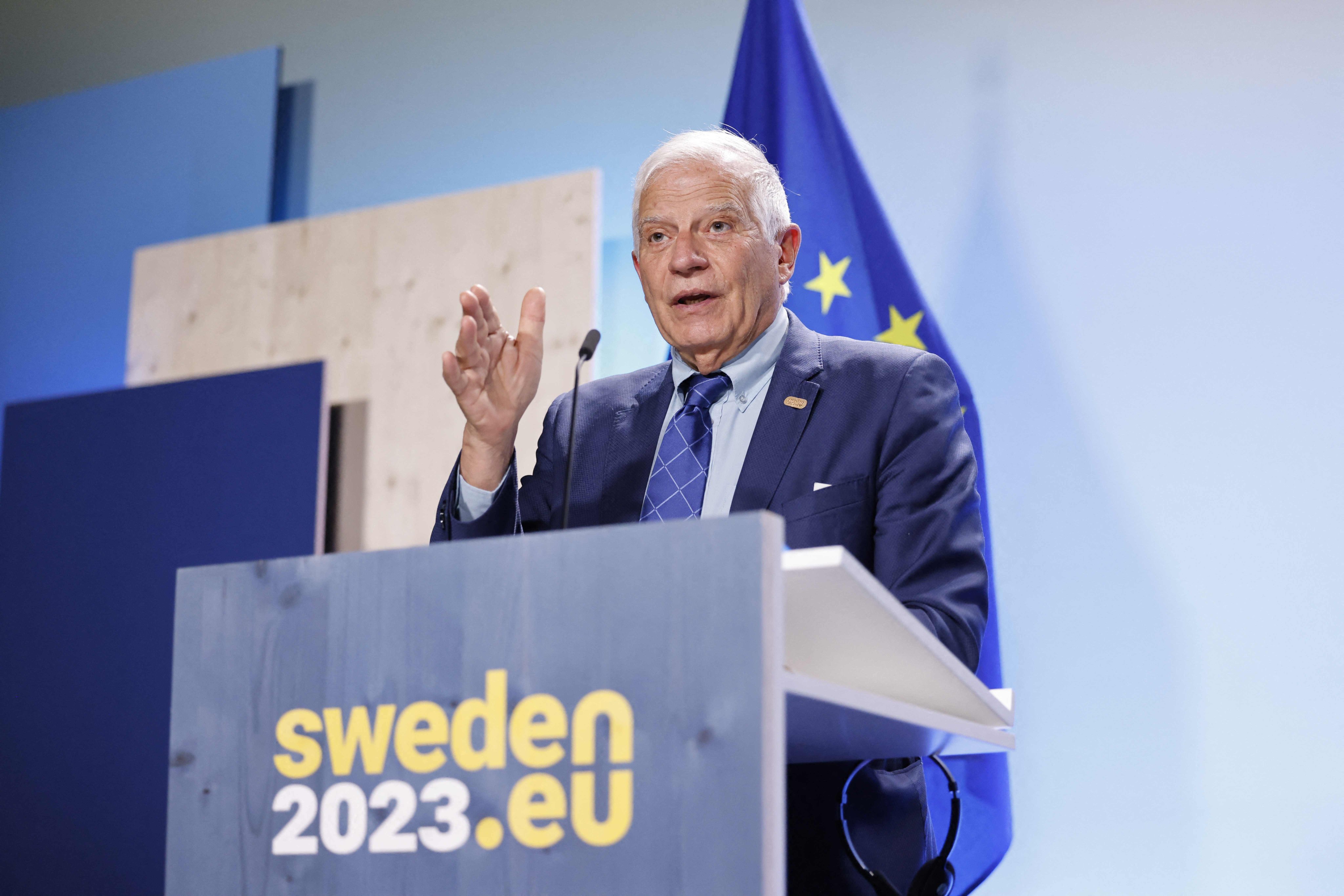 European Union High Representative for Foreign Affairs and Security Policy Josep Borrell addresses a press conference after the EU Indo-Pacific Ministerial Forum at an informal meeting of EU foreign affairs ministers at Marsta north of Stockholm on Saturday. Photo: AFP