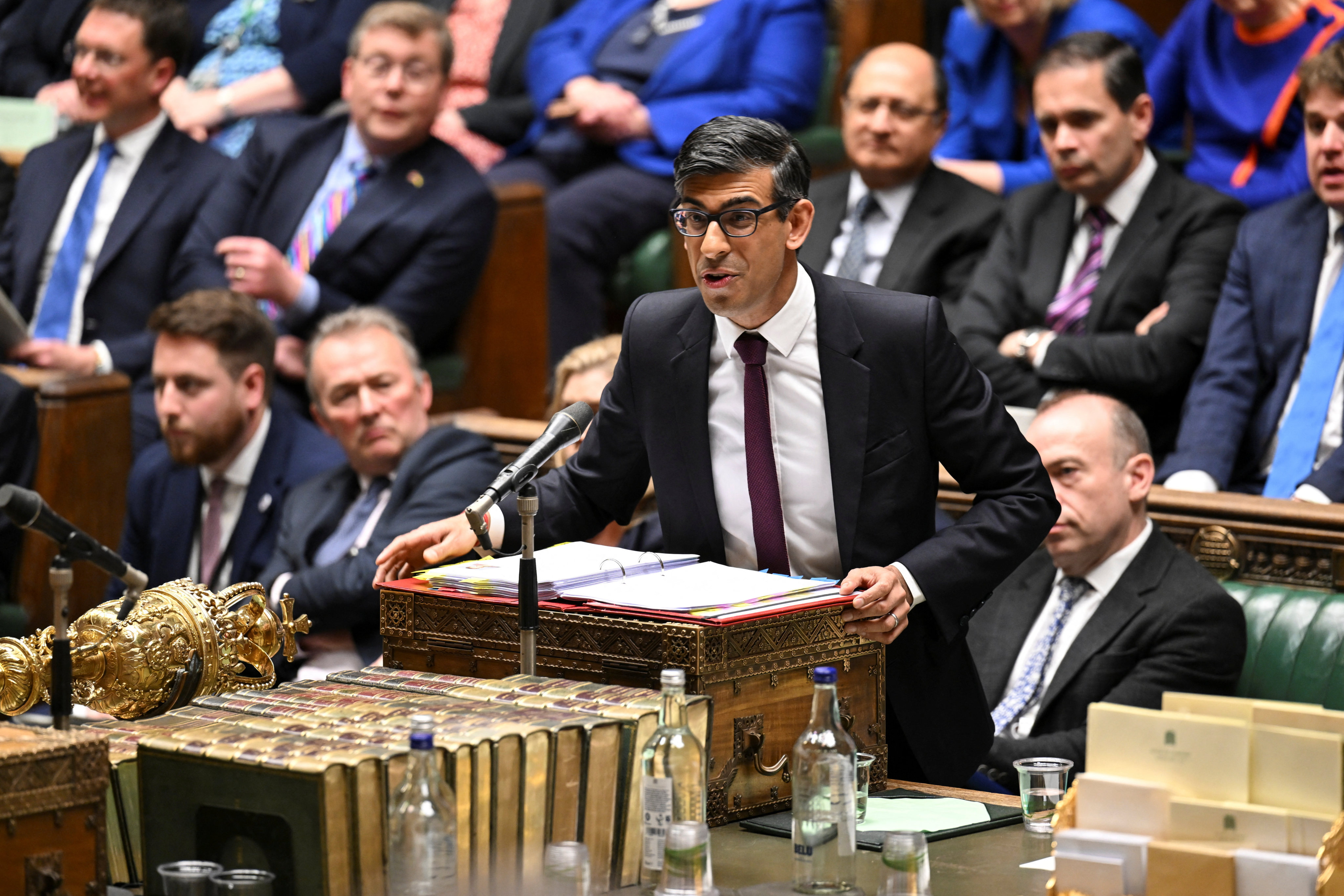 British Prime Minister Rishi Sunak at the House of Commons in London, Britain on Wednesday. Photo: UK Parliament / Jessica Taylor / Handout via Reuters