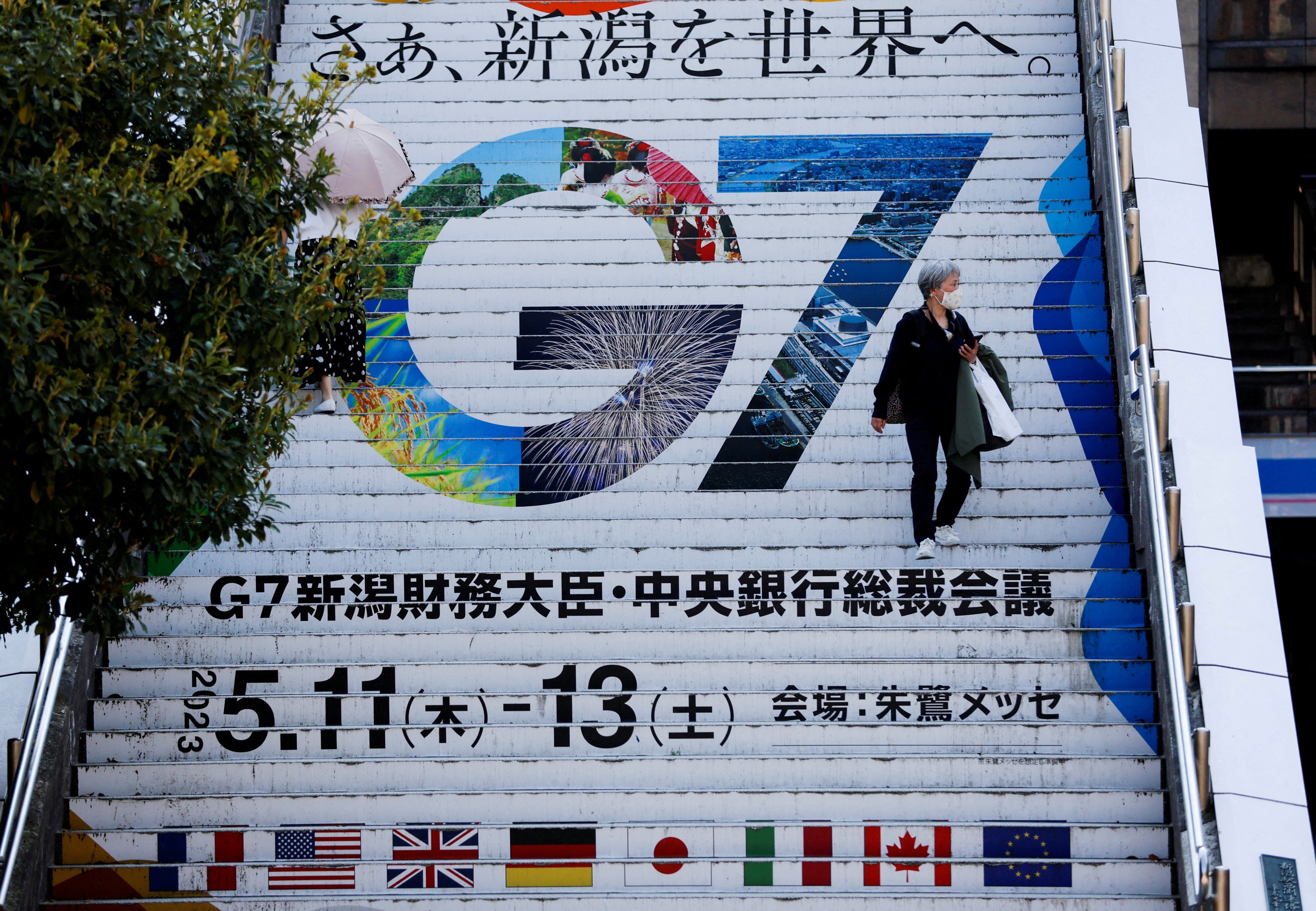 The logo of the G7 meeting is displayed at Niigata station, ahead of the meeting, in Niigata, Japan. Photo: Reuters