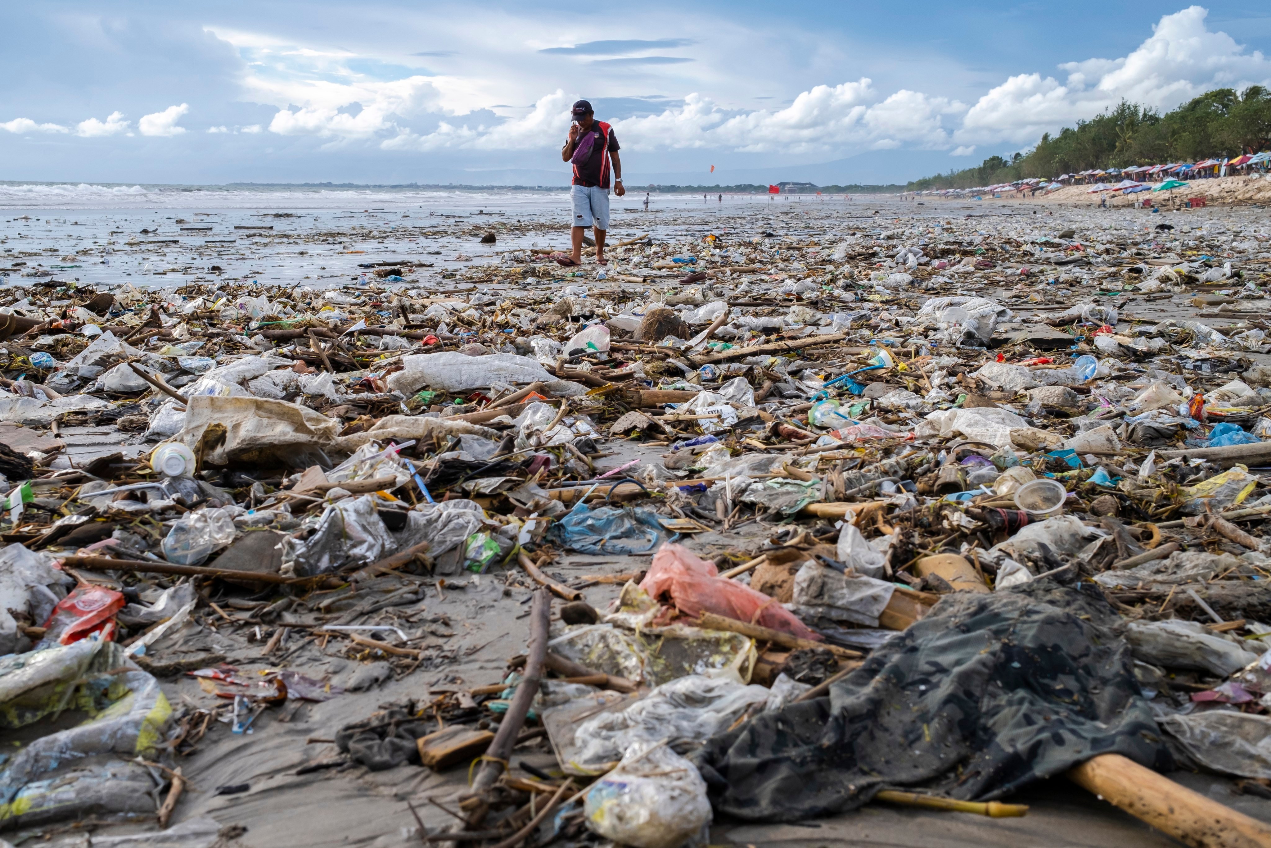 Plastic waste washed ashore at a beach in Kuta, Bali. A 30 per cent reduction in plastic pollution can be achieved globally by 2040    by simply promoting reuse options, UNEP says. Photo: EPA-EFE