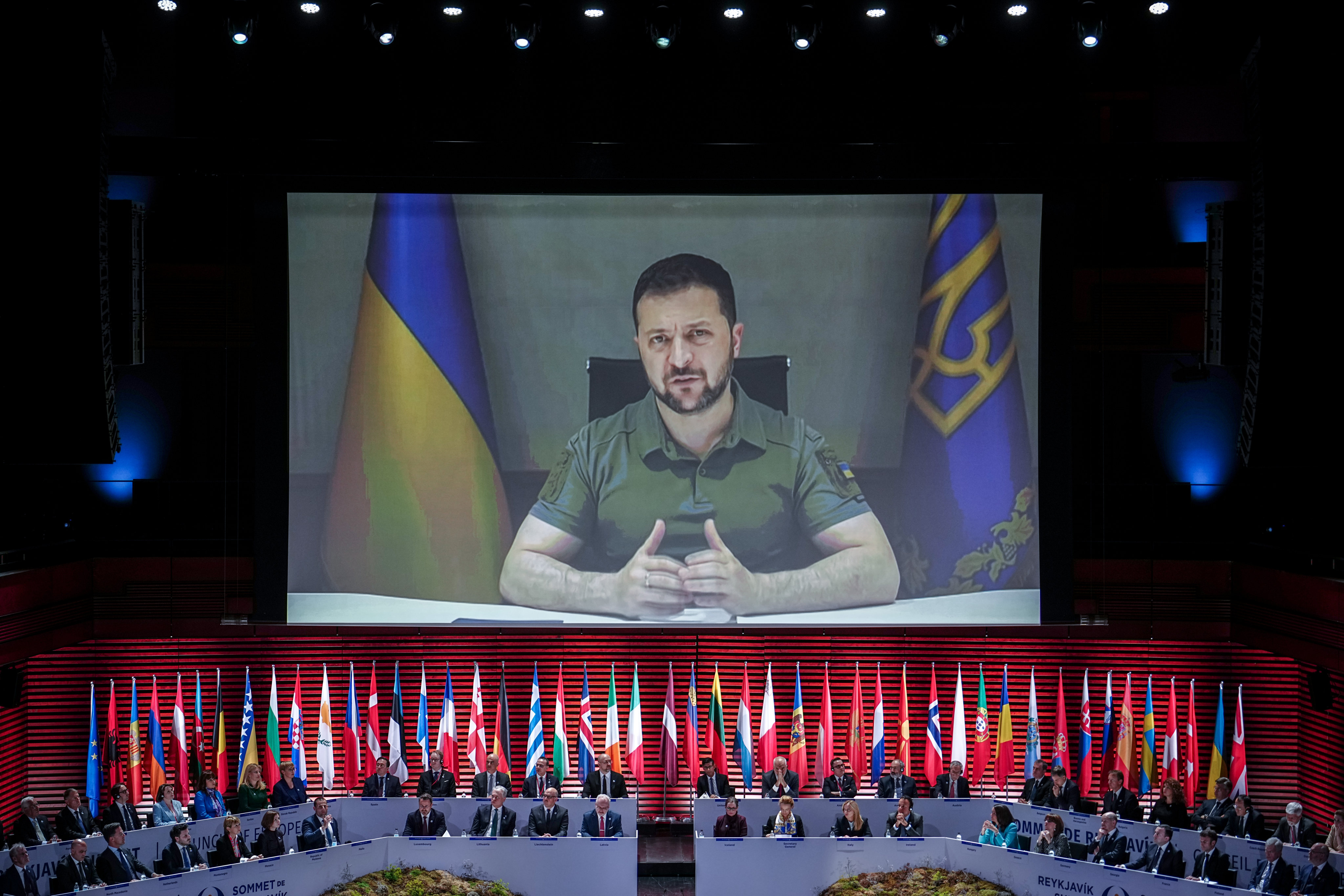 Ukraine’s President Volodymyr Zelensky addresses the opening ceremony of the Council of Europe summit in Reykjavik, Iceland via videolink on Tuesday. Photo: dpa