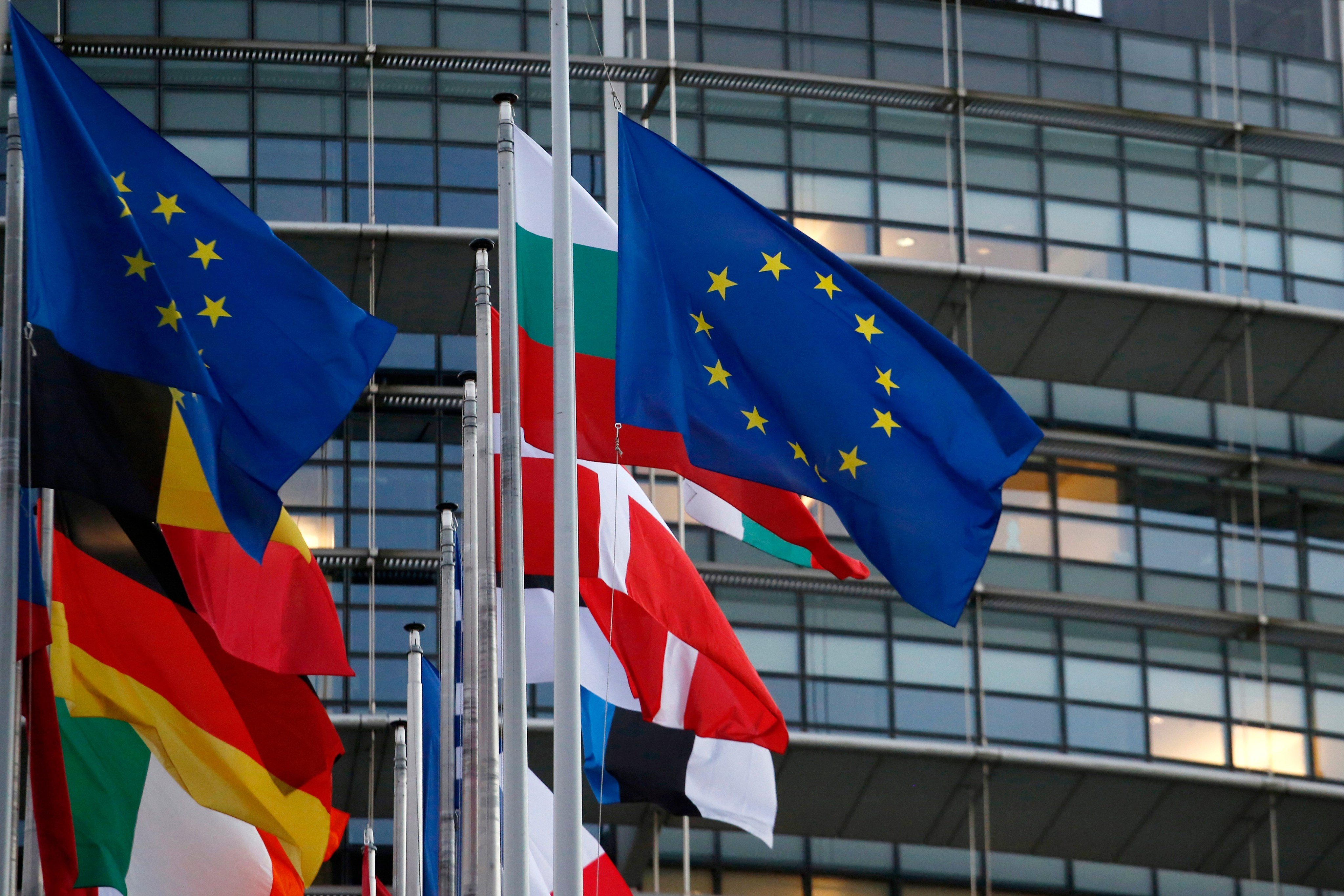 The flags of the European Union member states outside the Louise Weiss building, the principle seat of the European Parliament, in Strasbourg, France, on January 18, 2022. Photo: Bloomberg