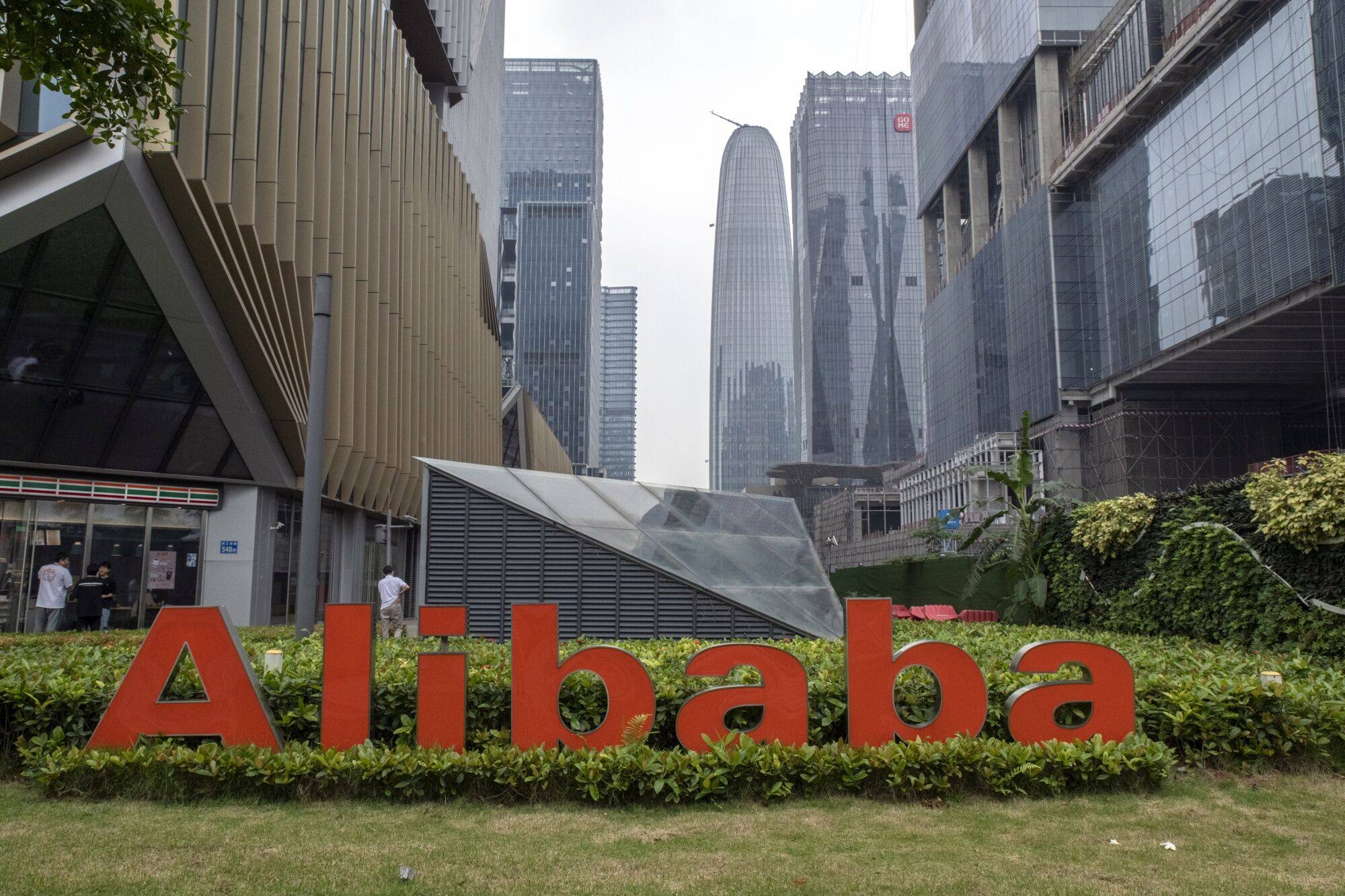 Alibaba signage is seen in front of its offices in Guangzhou, southern China. Photo: Bloomberg