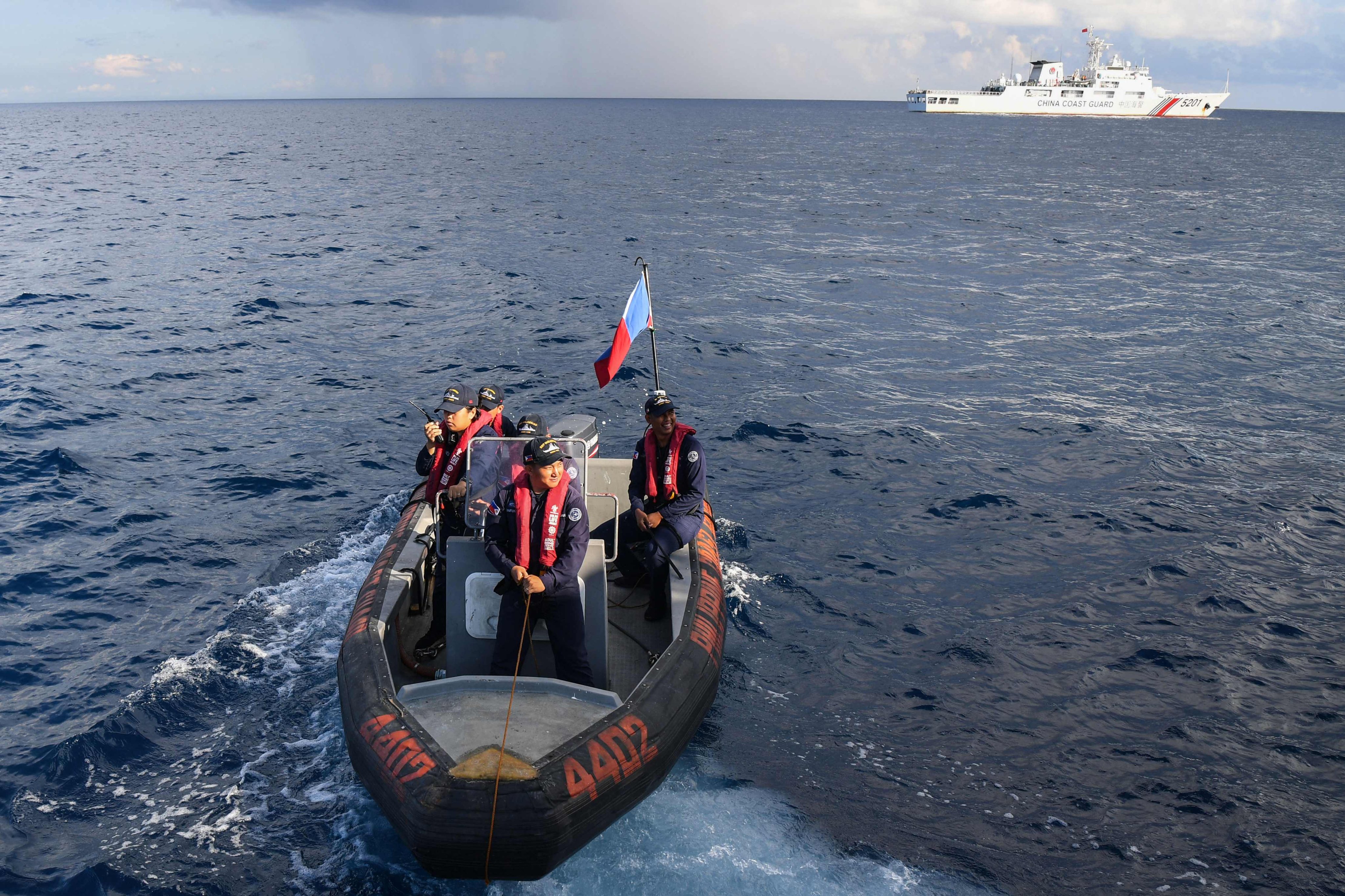 A Philippine coastguard vessel conducts a survey in the waters of Second Thomas shoal in the Spratly Islands in the disputed South China Sea. Photo: AFP