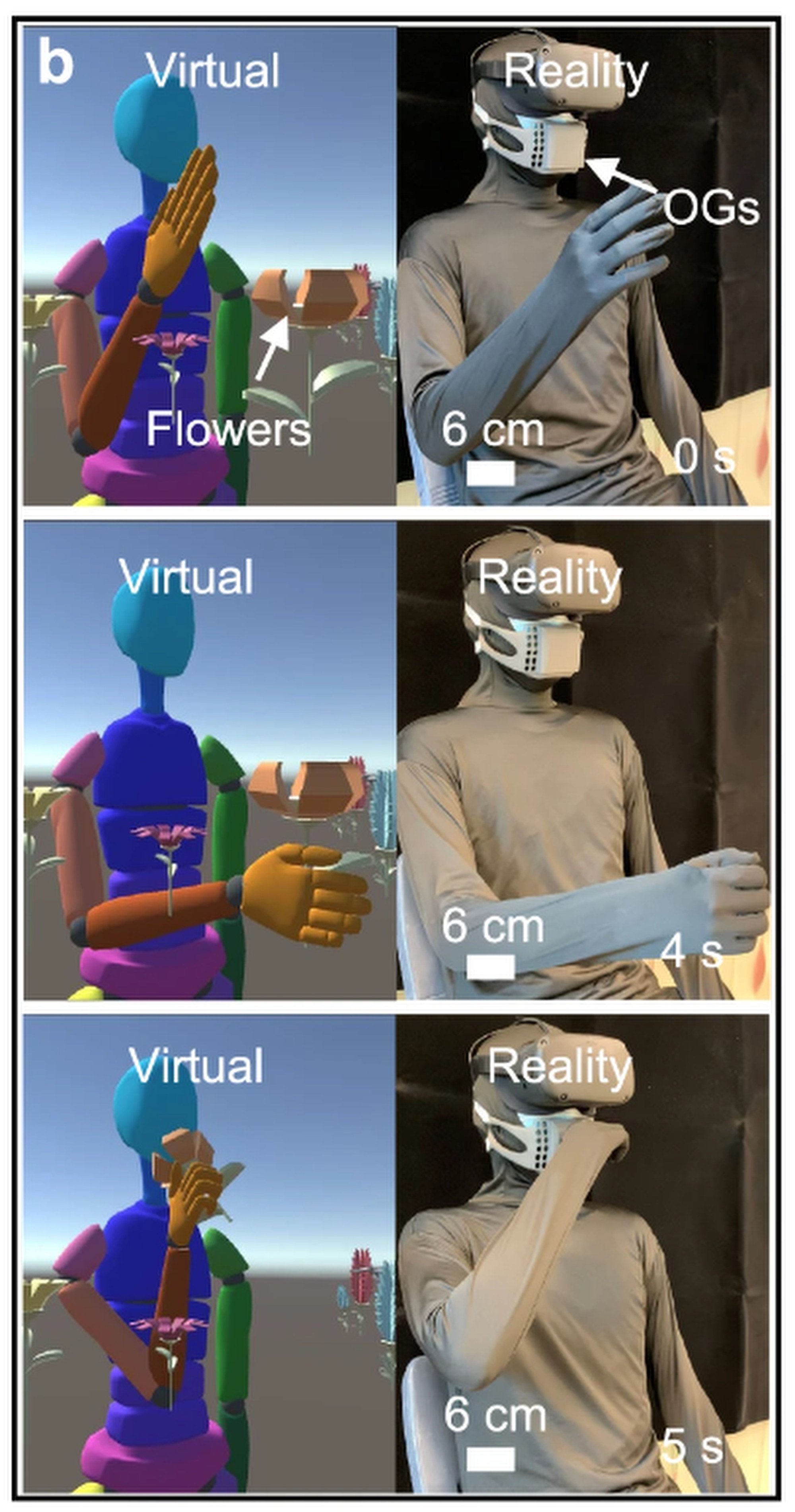 A demonstration of the VR interface connecting a user to the virtual subject. The user picks up virtual flowers in front of him, then puts them to his nose for smelling. Photo: Yu Xinge