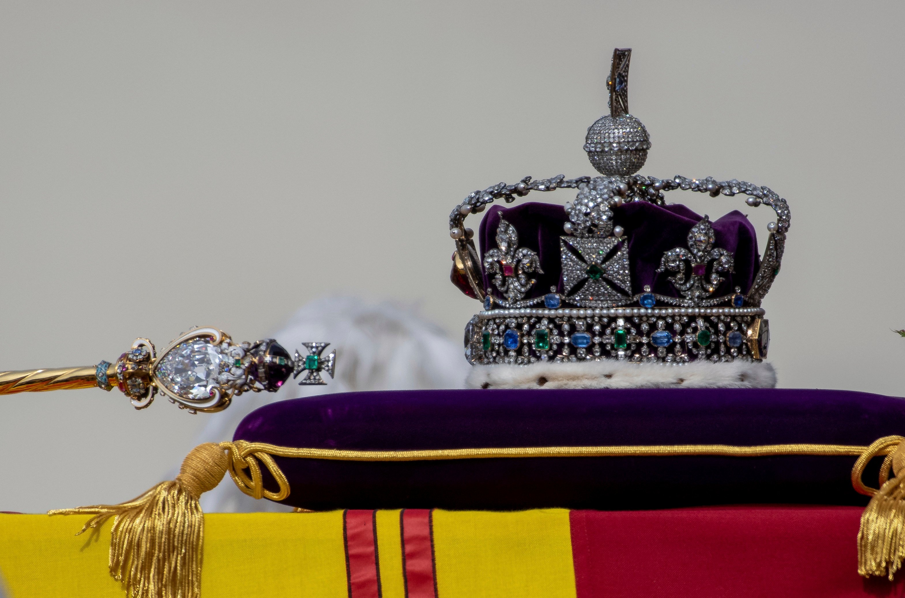 The Imperial State Crown sits on the coffin of Queen Elizabeth II during her state funeral in London. Photo: Pool via AP