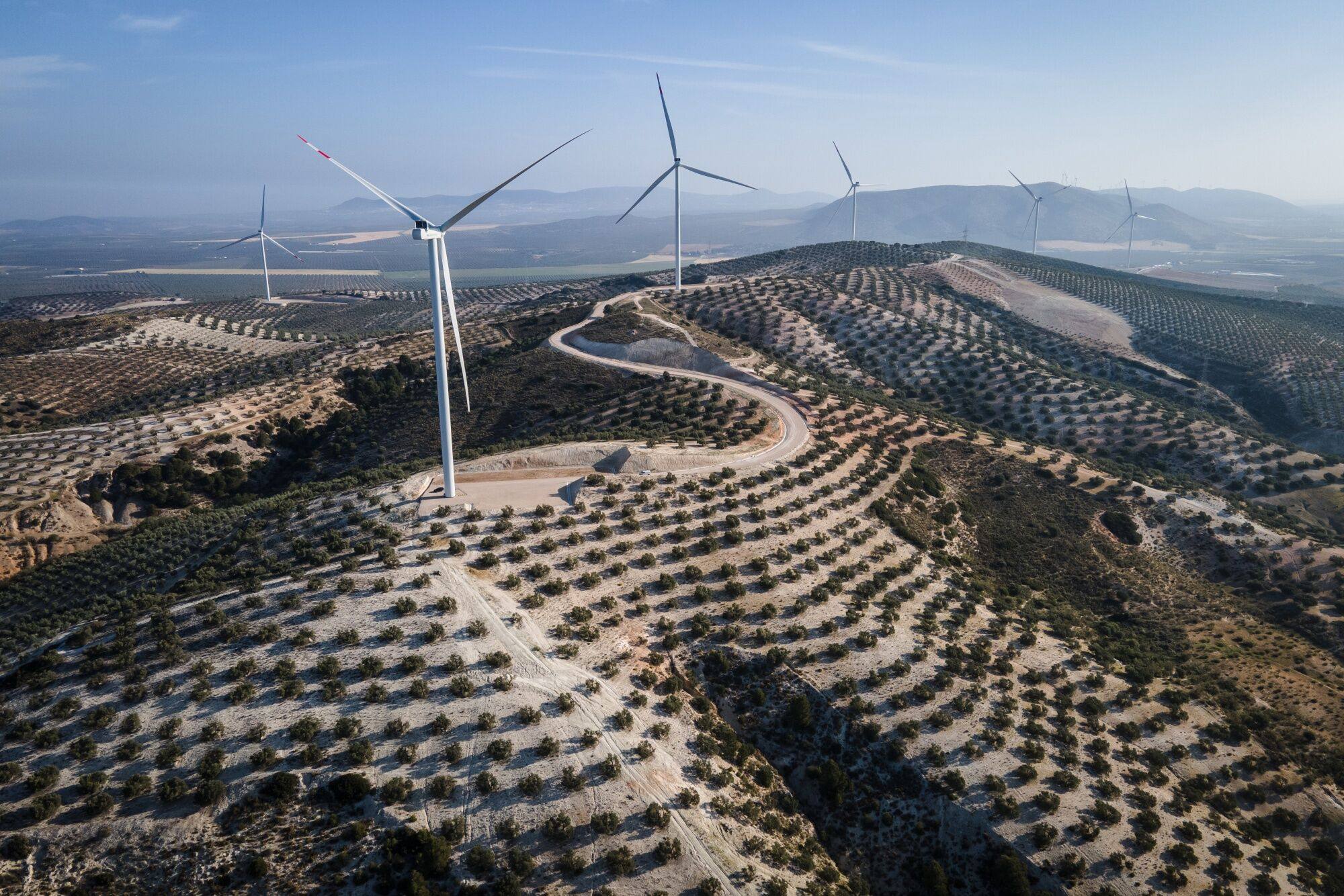 Wind turbines along the crest of a hill at the Martin de la Jara wind farm in Sevilla, Spain. Photo: Bloomberg