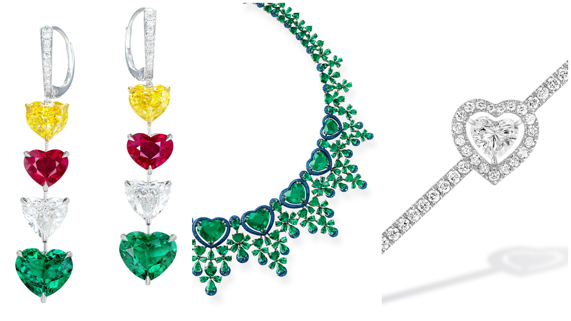 Ronald Abram 13.13 carat heart-shaped emerald, ruby, white and yellow diamond earrings; Chopard Red Carpet collection heart necklace; and Messika Joy Cœur 18-carat white-gold and pavé diamond earring. Photos: Handouts