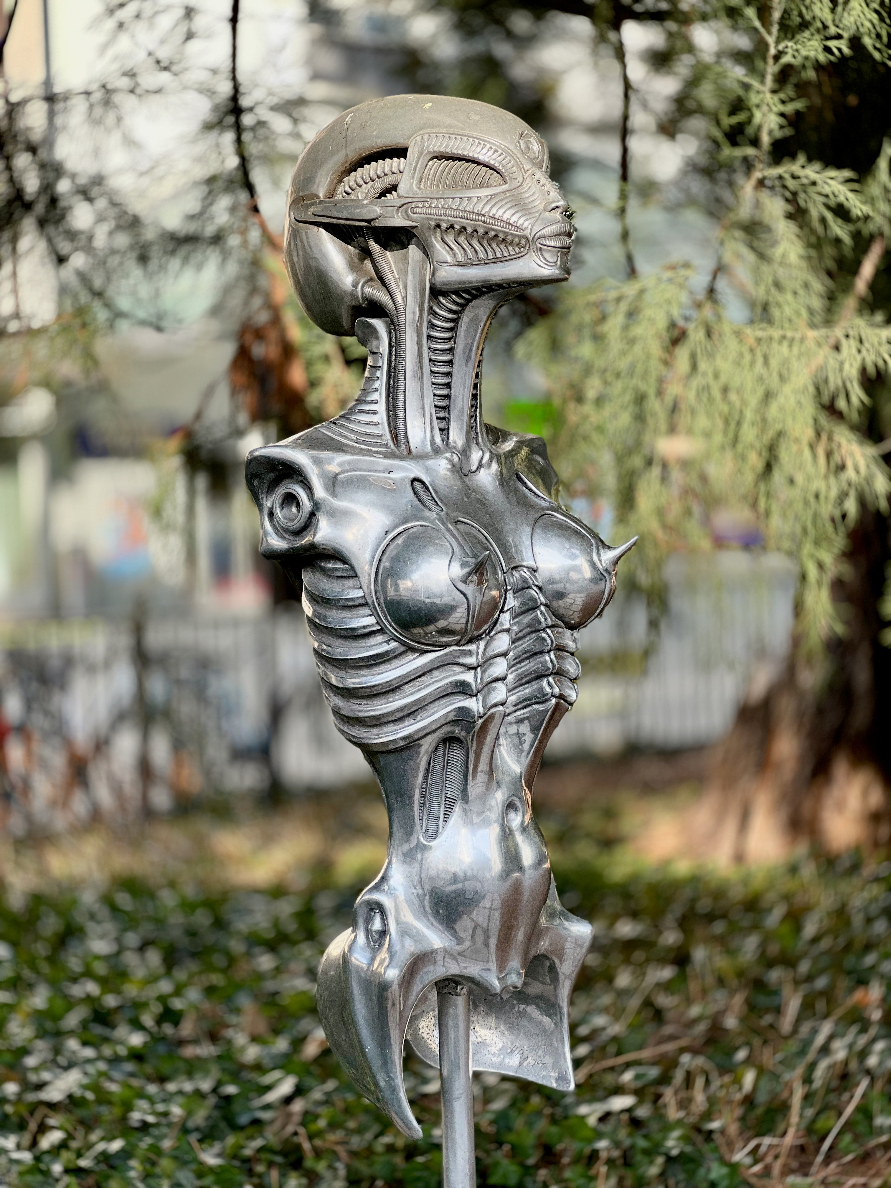 H R Giger’s “Torso with long skull shape” stands in the grounds of the Bündner Kunstmuseum in the Swiss city of Chur, the artist’s otherwise conservative birthplace. Photo: Peter Neville-Hadley
