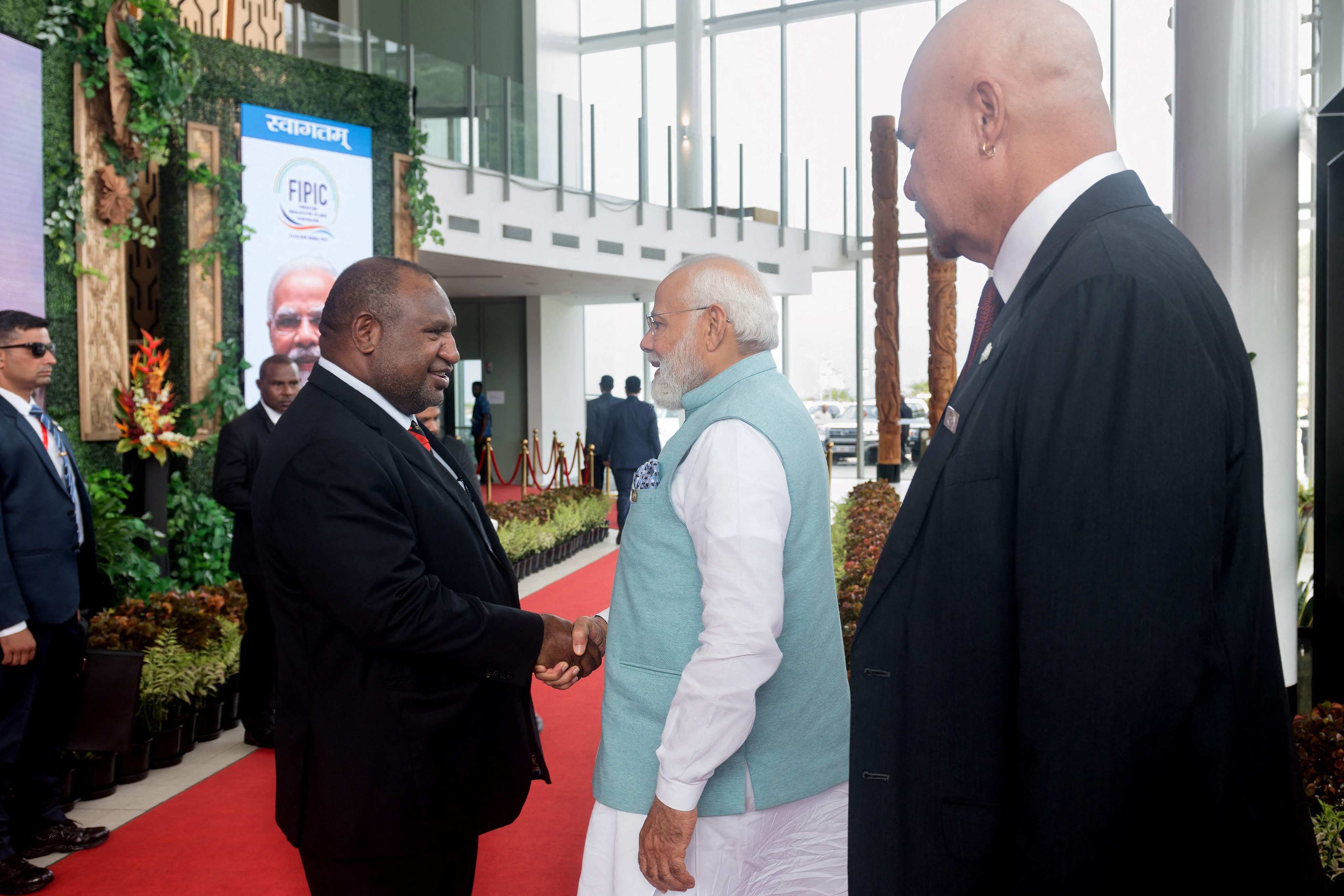 Papua New Guinea’s Prime Minister James Marape (left) receives India’s Prime Minister Narendra Modi during the Forum for India-Pacific Islands Cooperation at APEC Haus in Port Moresby. Photo: Government of Papua New Guinea/AFP