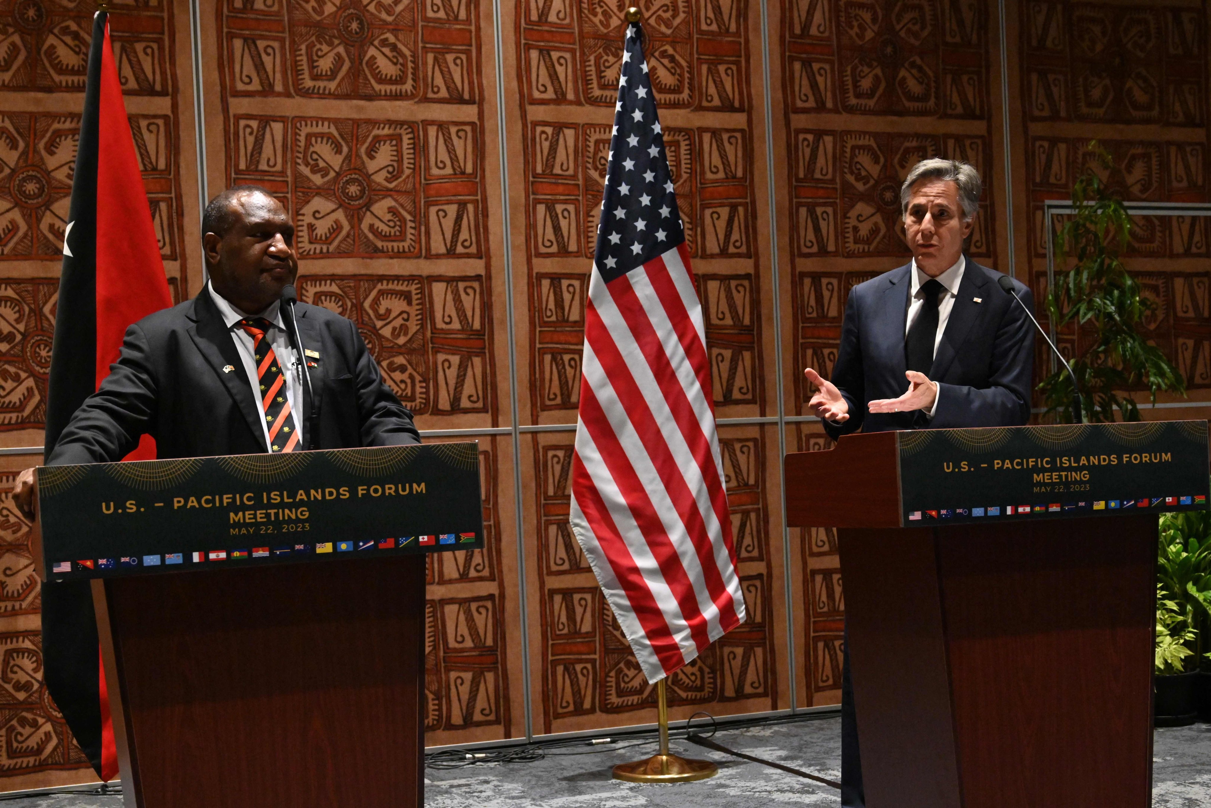 PNG’s Prime Minister James Marape (left) looks on as US Secretary of State Antony Blinken (right) speaks during a joint press conference following the US-Pacific Islands Forum at the Apec Haus in Port Moresby on May 22, 2023. Photo: AFP