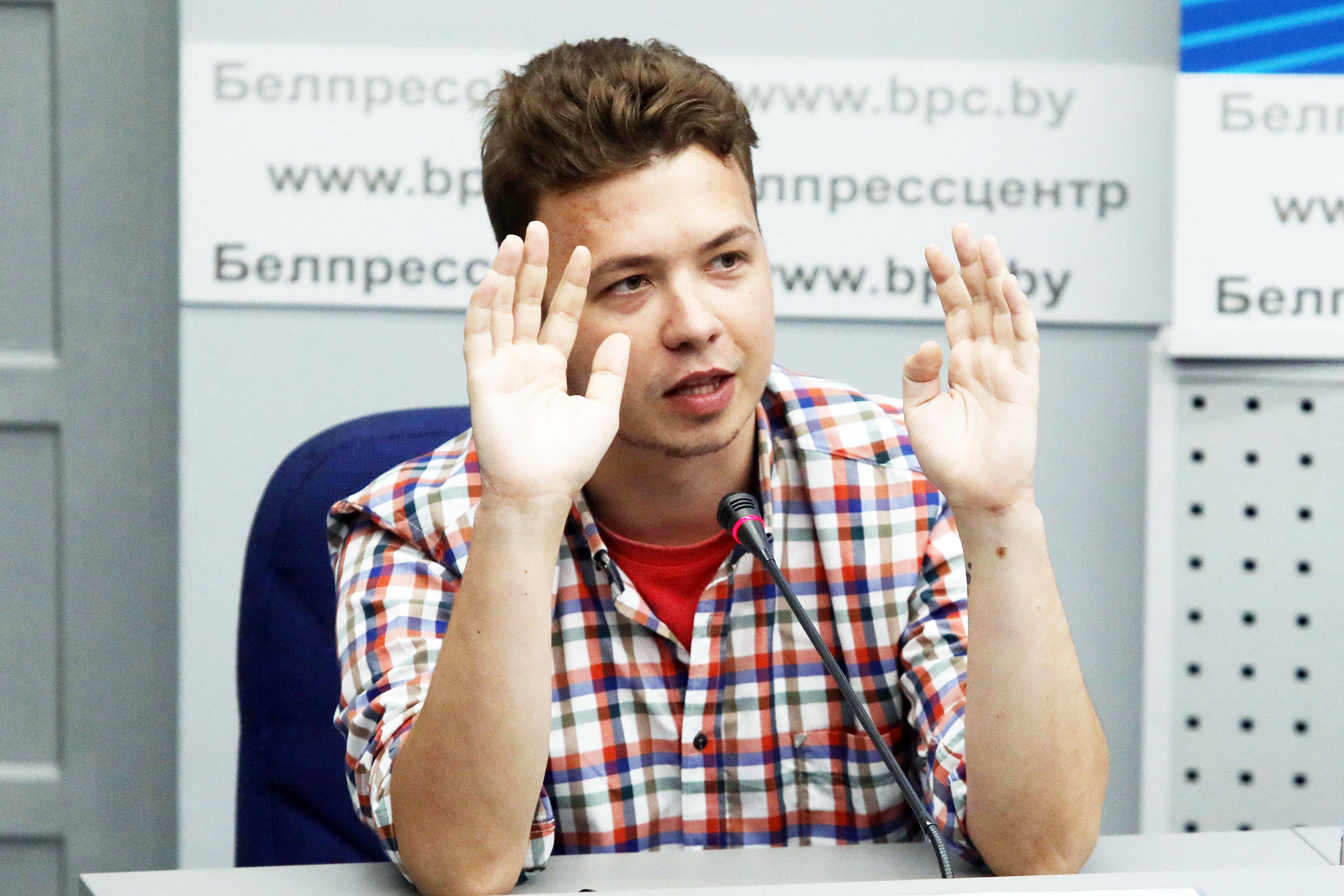 Belarus activist Roman Protasevich takes part in a briefing for journalists and diplomats in Minsk in June 2021. Photo: AFP