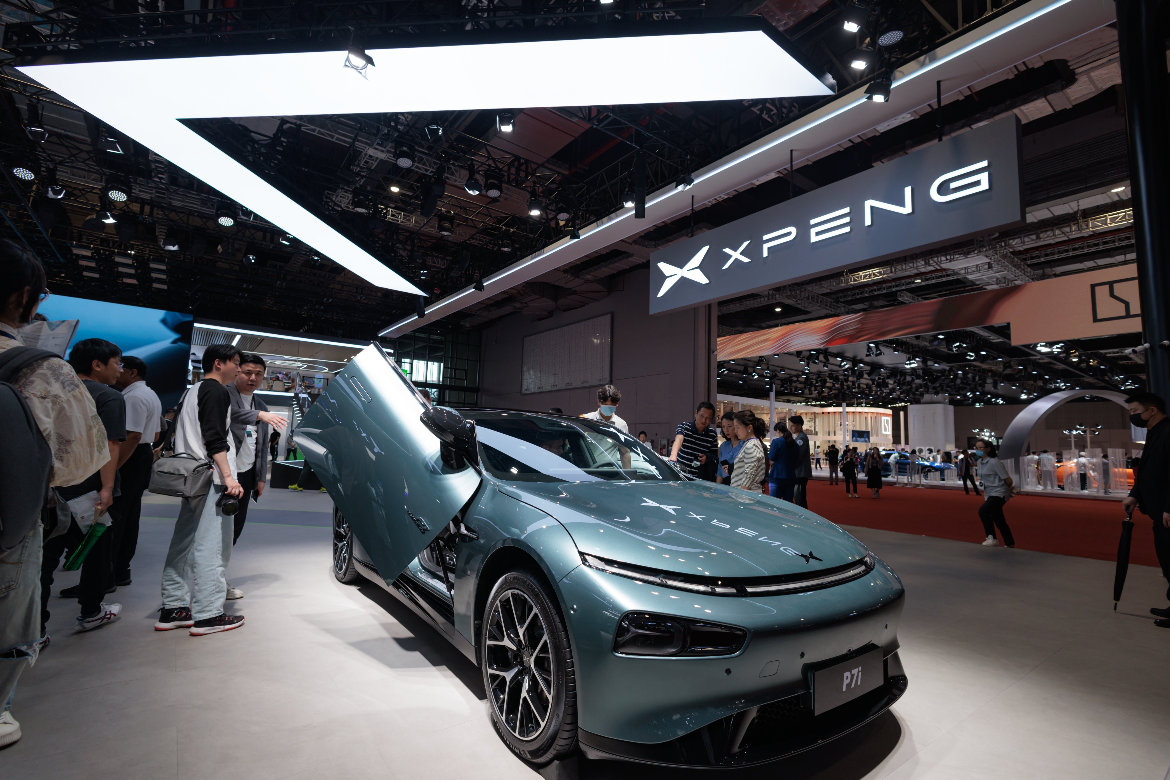A Xpeng P7i stands on display during the Shanghai International Automobile Industry Exhibition in Shanghai on April 19, 2023. Photo: EPA-EFE
