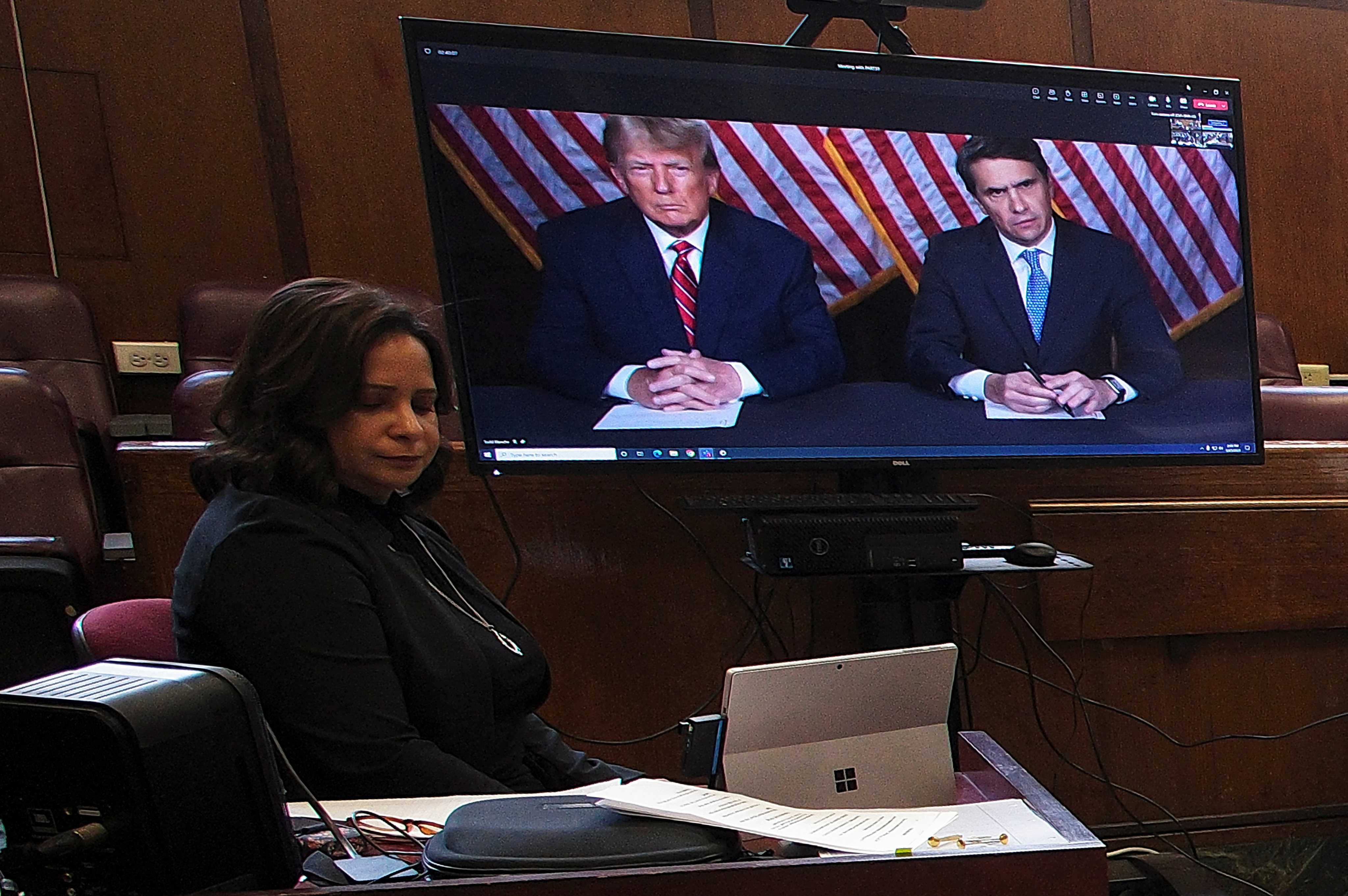 Former US president Donald Trump appears via video link during a hearing in Manhattan state court on Tuesday. Photo: Reuters