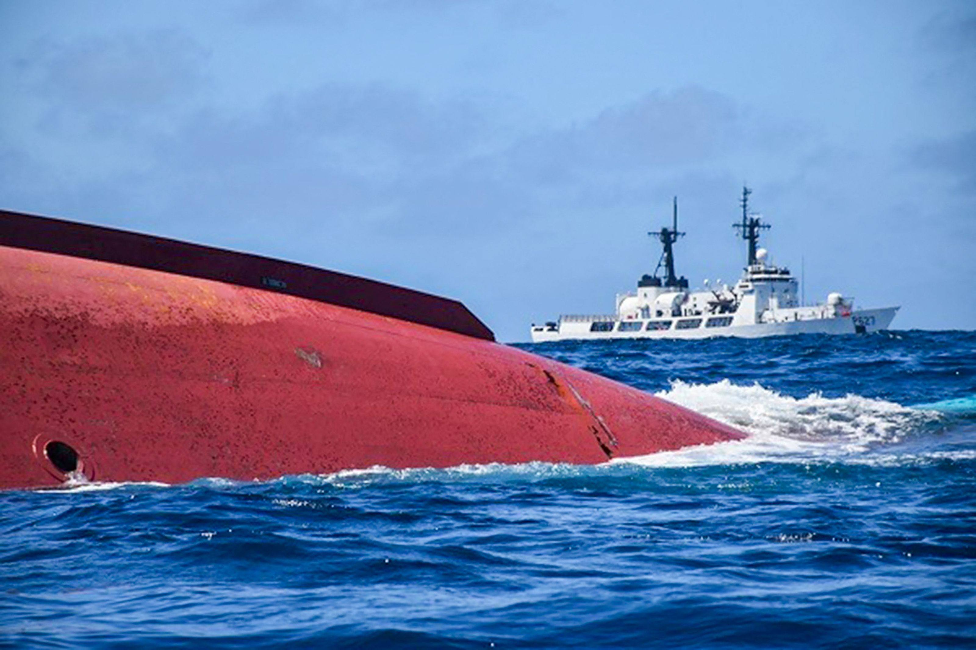 The capsized Chinese fishing vessel Lupeng Yuanyu 028 in the Indian Ocean. Photo: Sri Lankan Navy/AFP