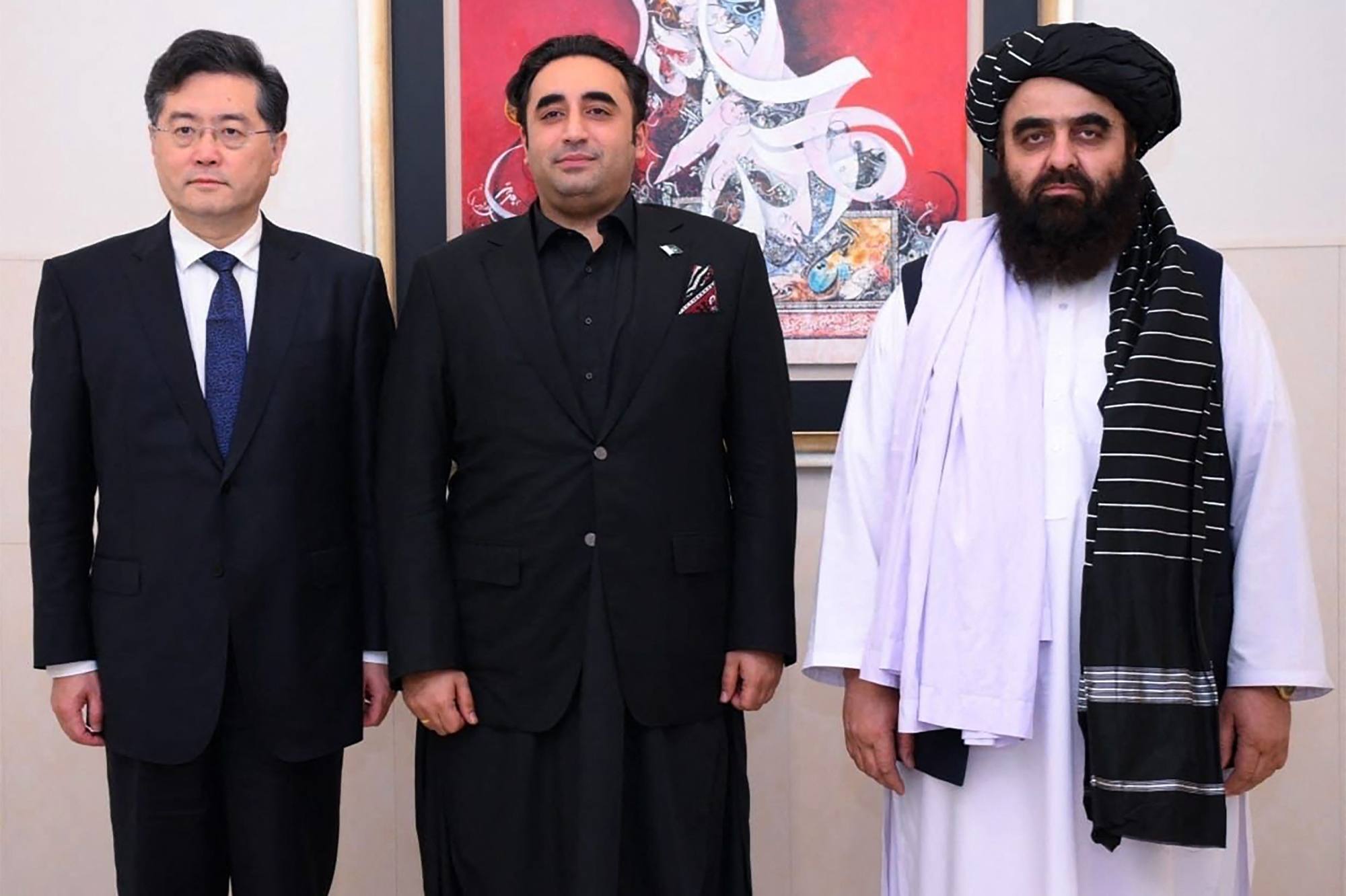 Chinese Foreign Minister Qin Gang, Pakistan’s Foreign Minister Bilawal Bhutto Zardari and Amir Khan Mutaqi, the foreign minister of Afghanistan’s Taliban government, meet in Islamabad on May 6. Photo: AFP