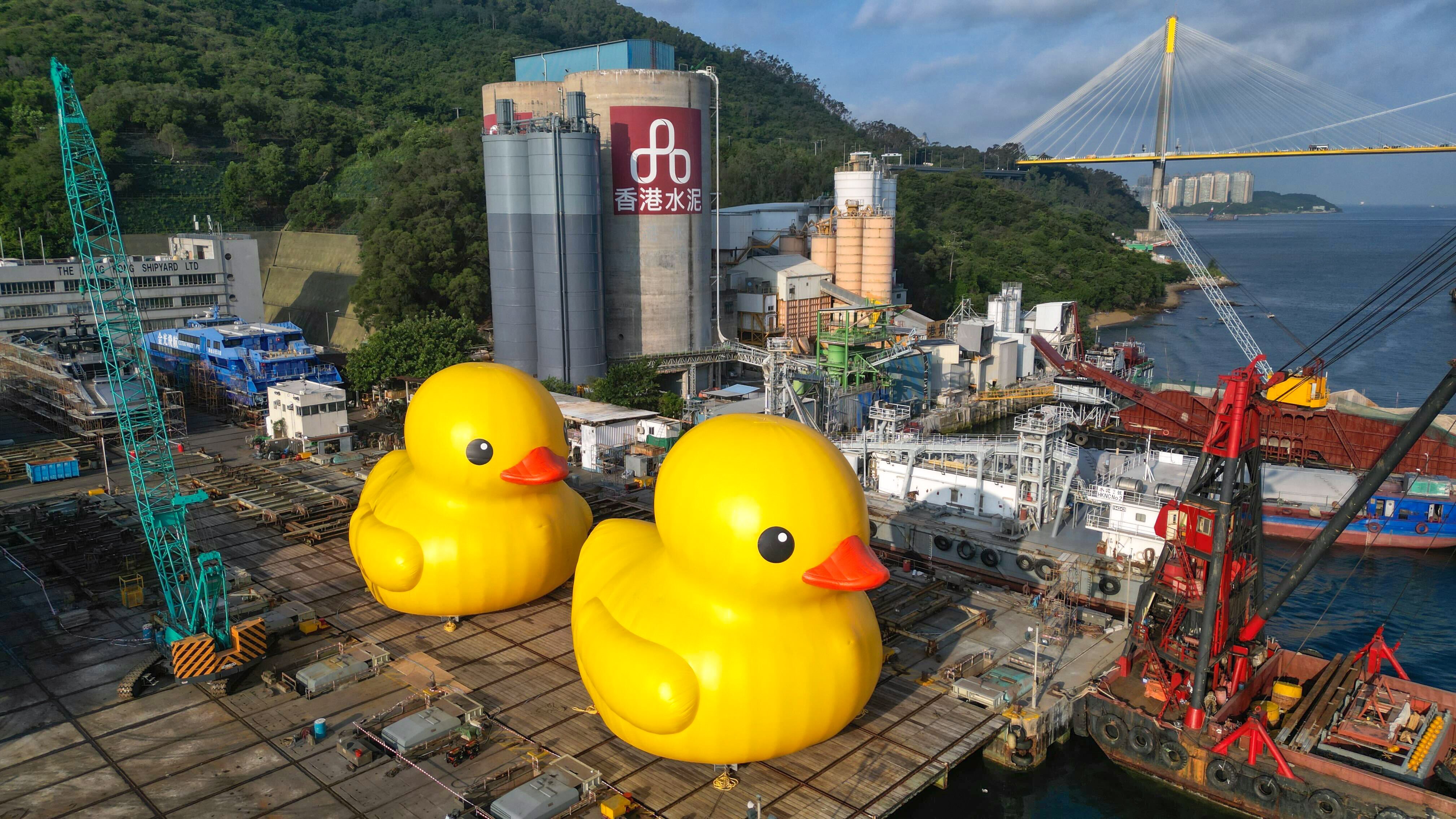 Two giant rubber ducks are being inflated at a dock in Hong Kong Shipyard at Tsing Yi. Photo: Sam Tsang
