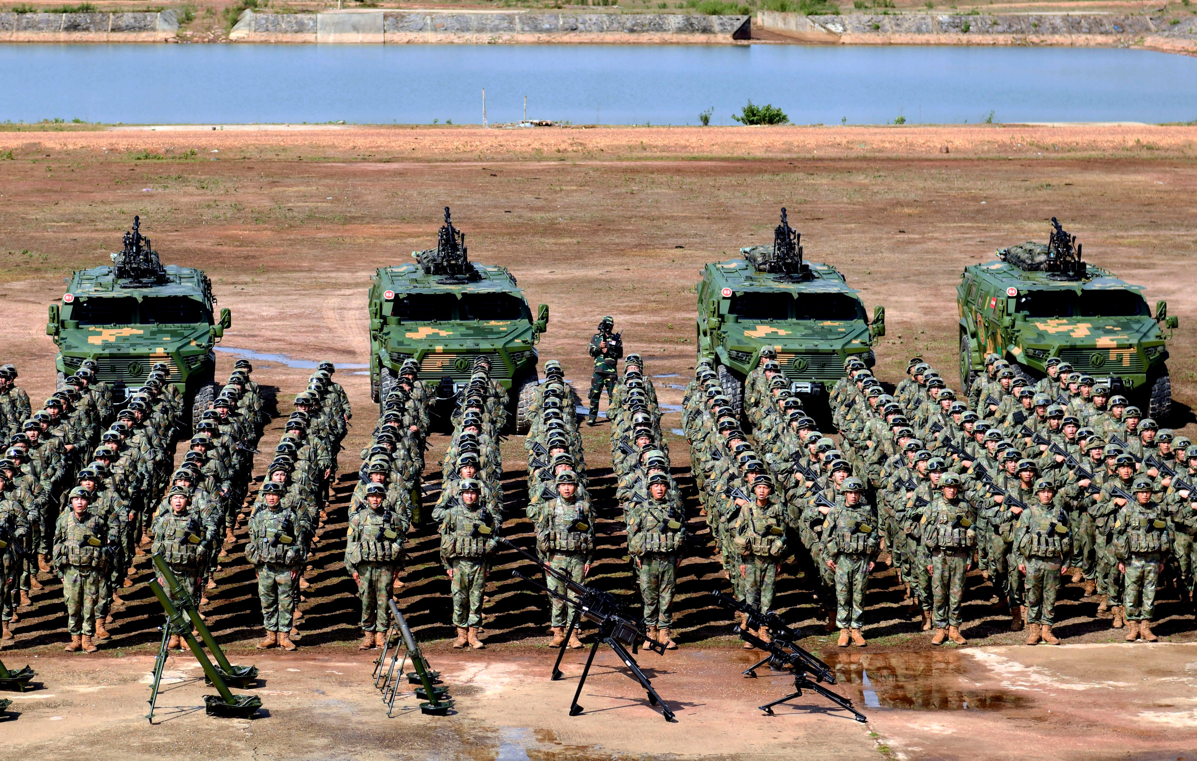 Soldiers at the launch ceremony of the China-Laos Friendship Shield-2023 joint exercise in Laos on May 11. Photo: Xinhua 