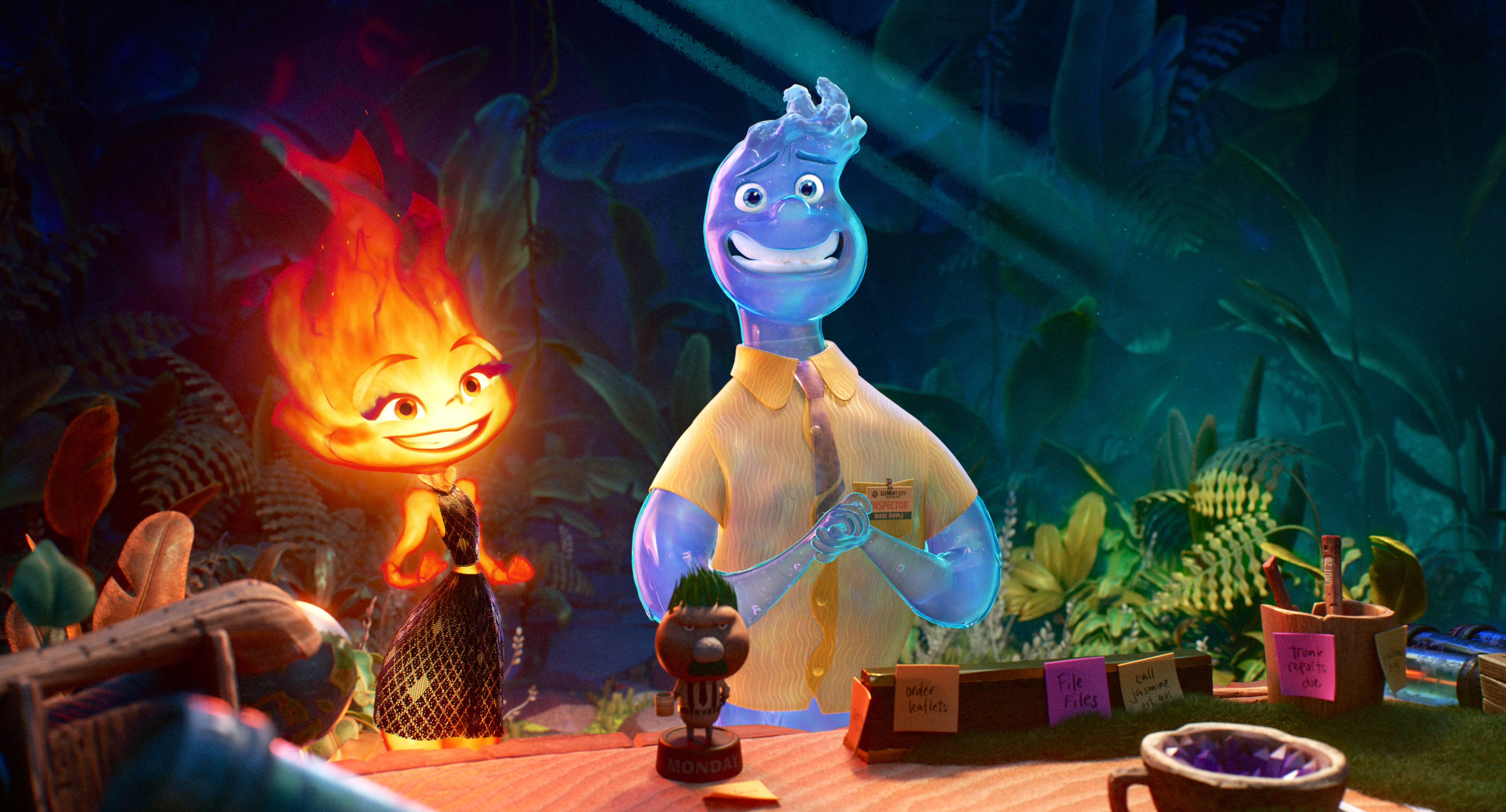 Ember (left, voiced by Leah Lewis) and Wade (Mamoudou Athie) in a still from “Elemental”. Photo: Disney/Pixar.